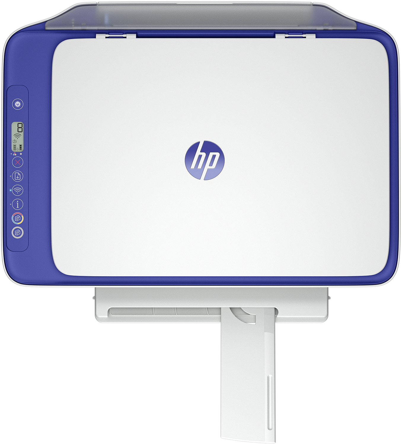 Egy HP nyomtató, fehér, kék szegéllyel. HP logó elöl. Papírtálca kihúzva.