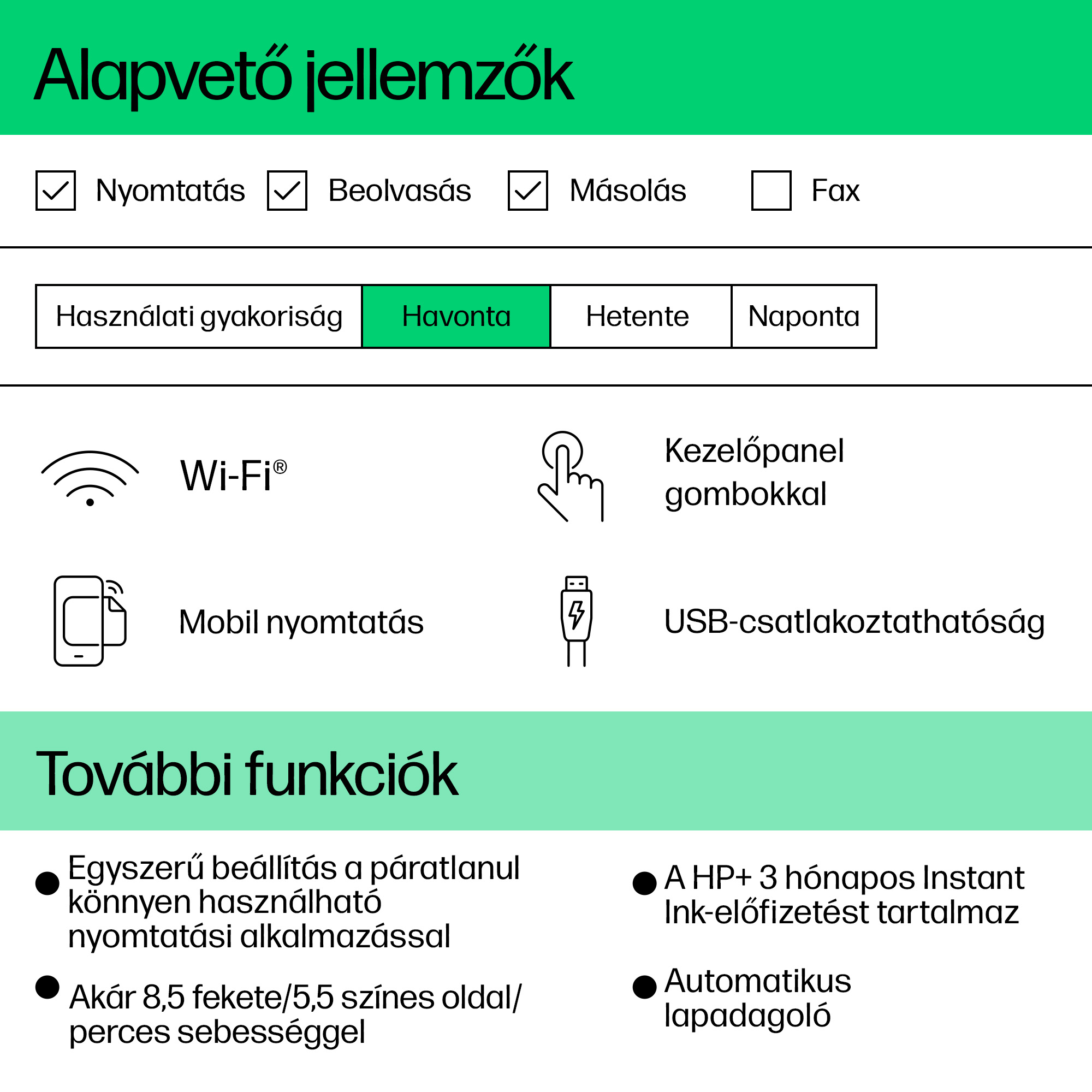 Egy infografika ikonokkal és szöveggel. A szöveg magyarul van, a nyomtatást, szkennelést és másolást részletezi.