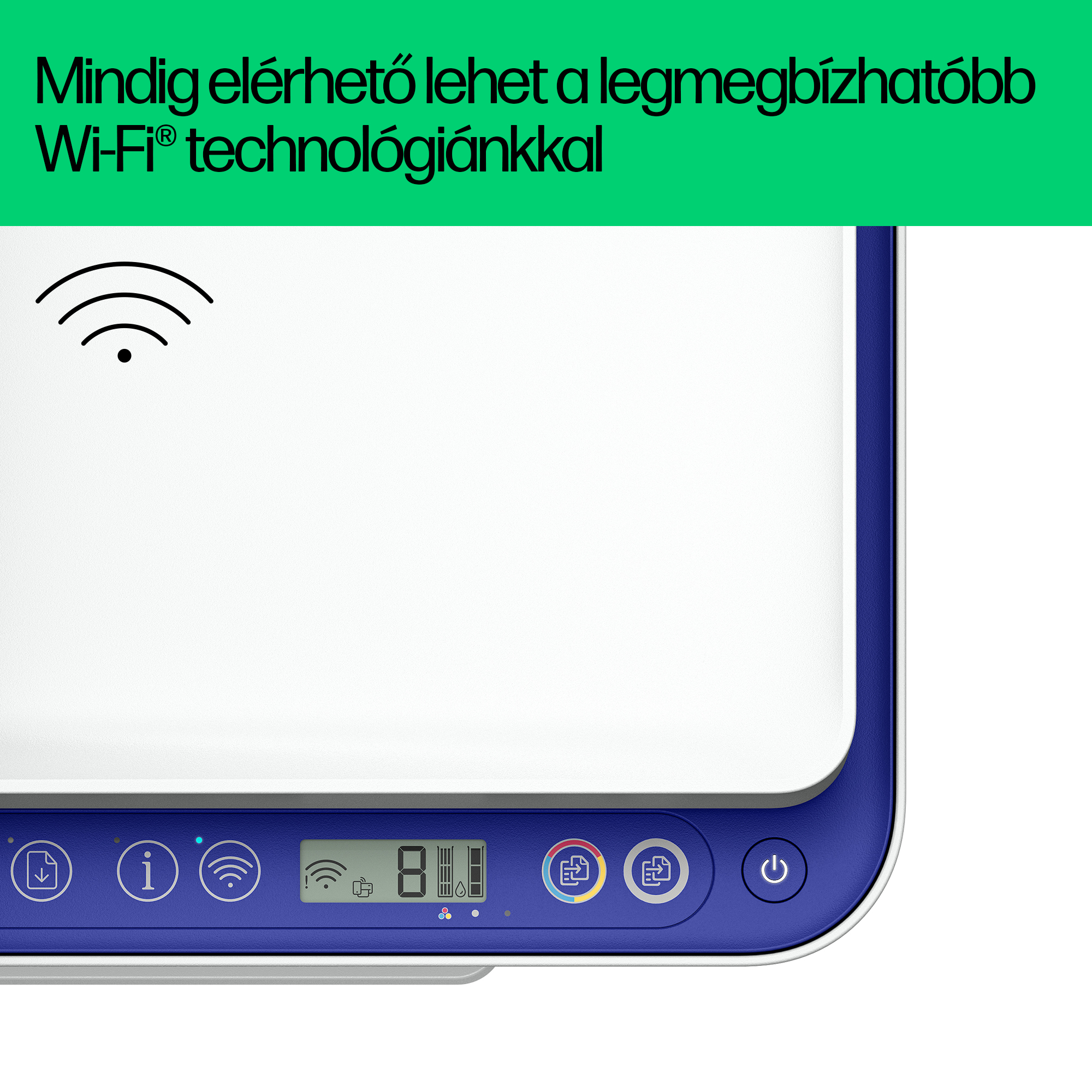 Nyomtató Wi-Fi szimbólummal kék panelen és fehér háttérrel.