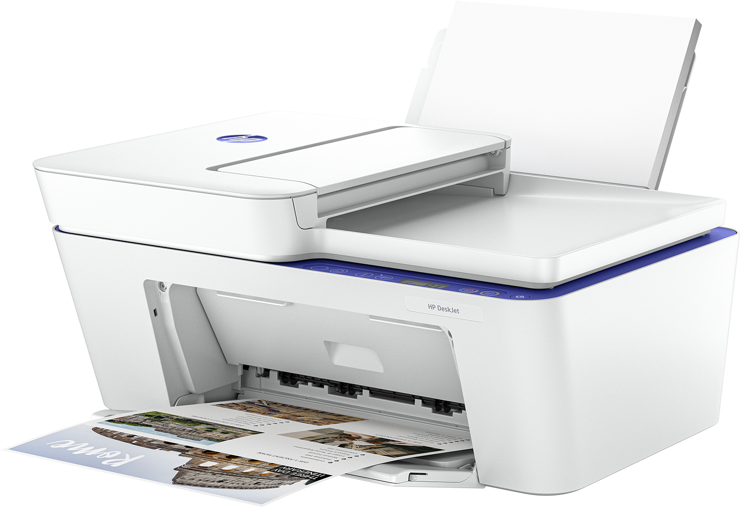 Egy fehér HP DeskJet nyomtató kék díszítéssel, egy térképet tartalmazó dokumentumot nyomtat.