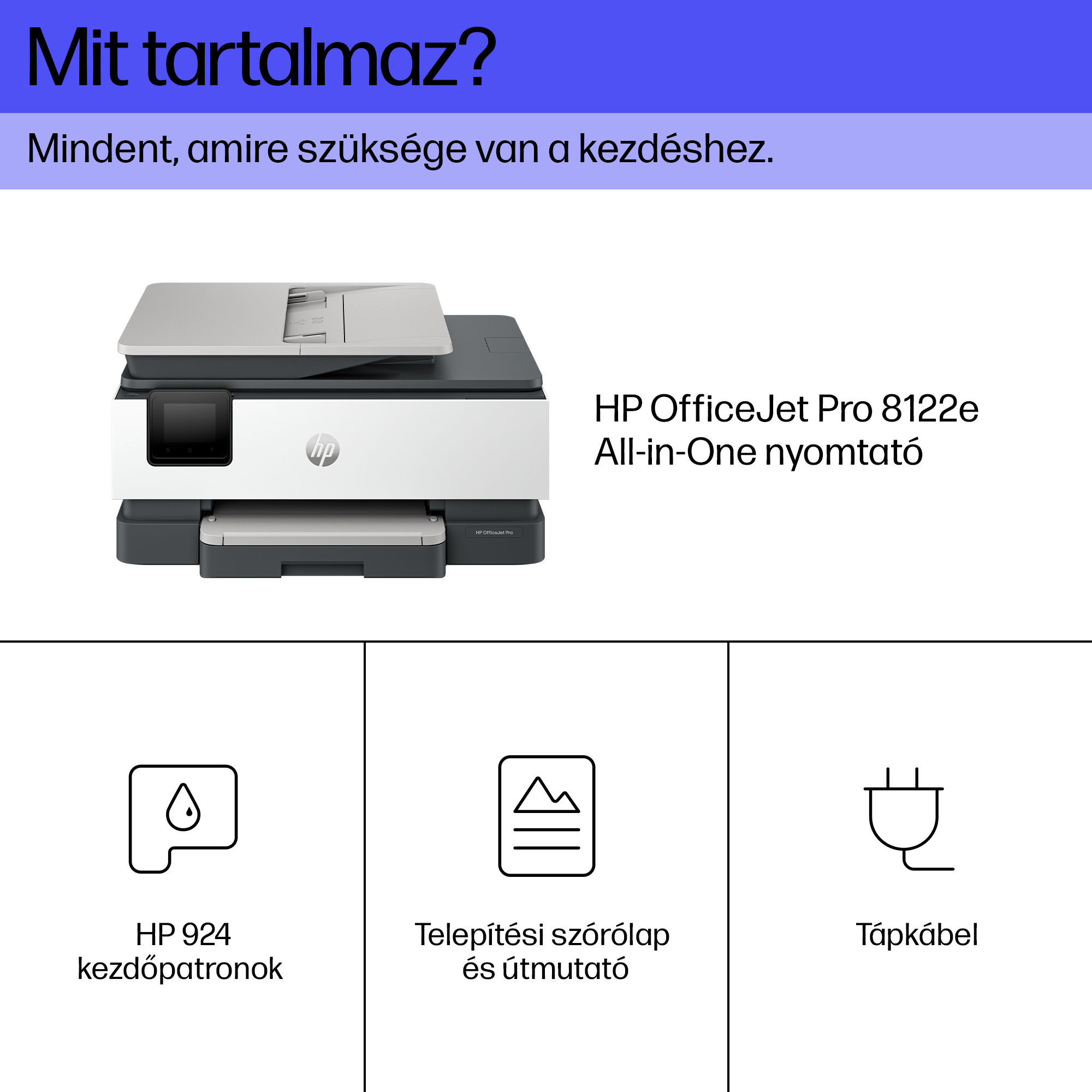 HP nyomtató patronokkal, telepítési lap, és kábel ikonokkal.