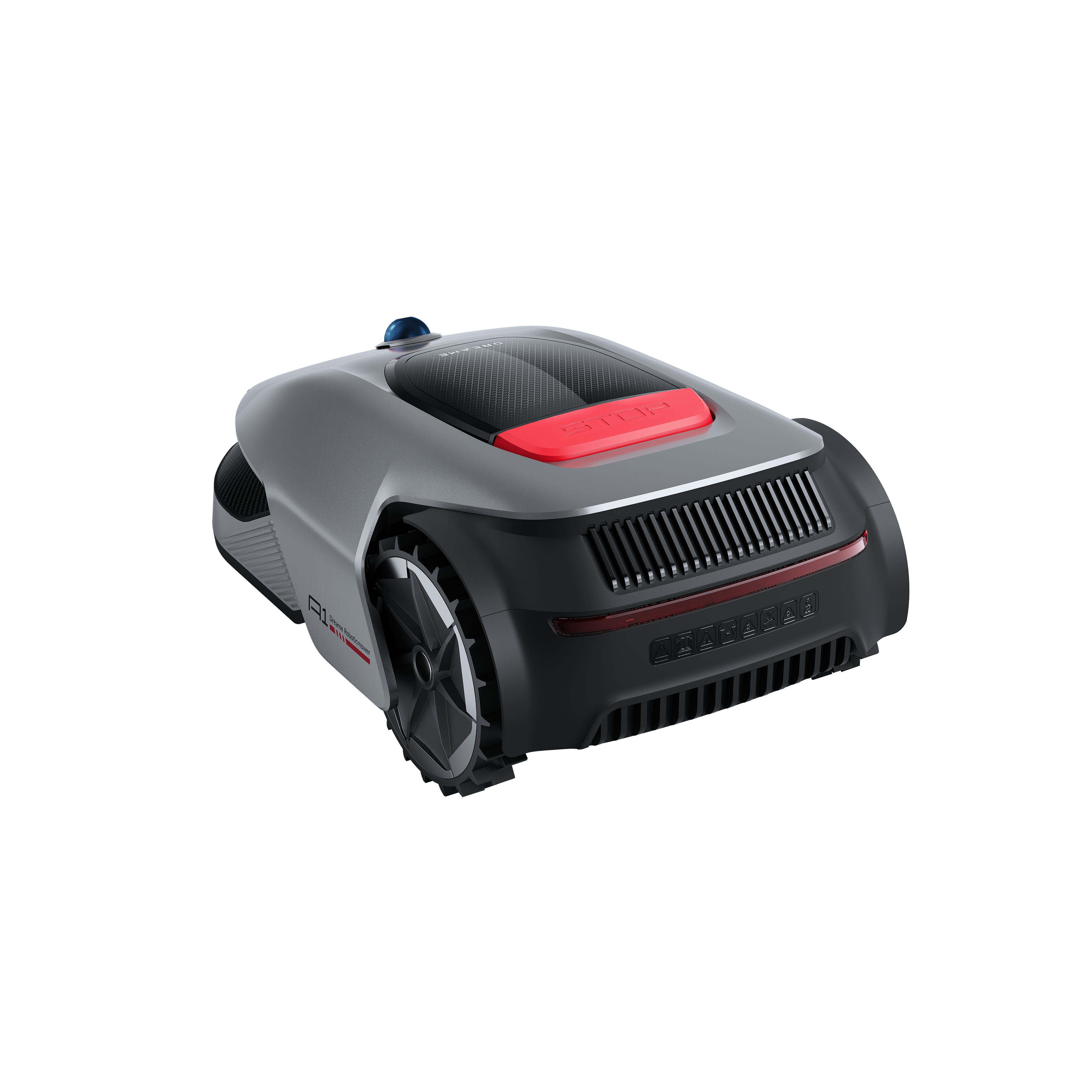 Grauer und schwarzer Roboter-Rasenmäher. Rotes Oberteil und schwarze Räder. Weißer Hintergrund.