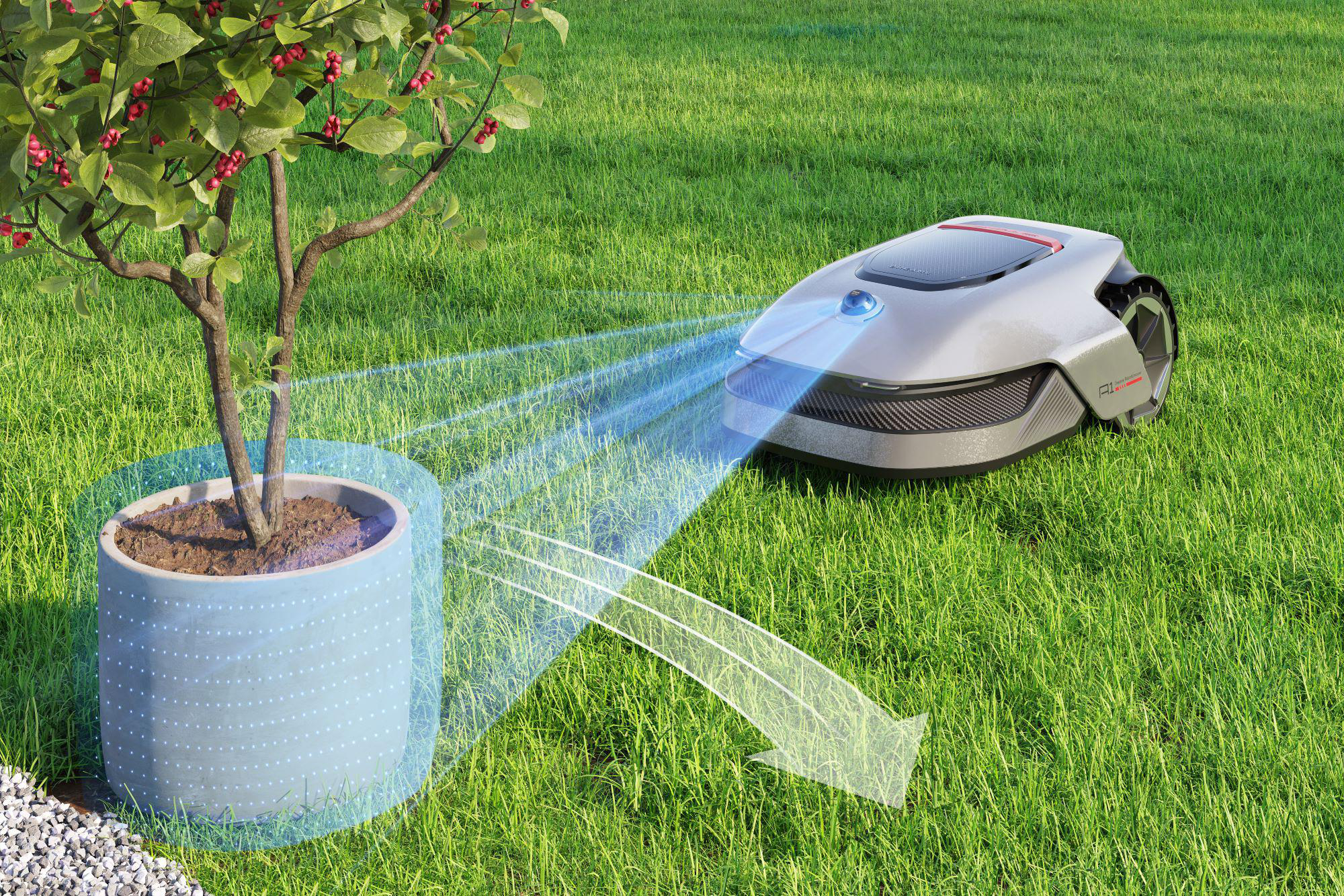 Ein Roboter-Rasenmäher schneidet Gras. Er befindet sich in der Nähe eines Baumes in einem Topf und hinterlässt einen geschnittenen Pfad.