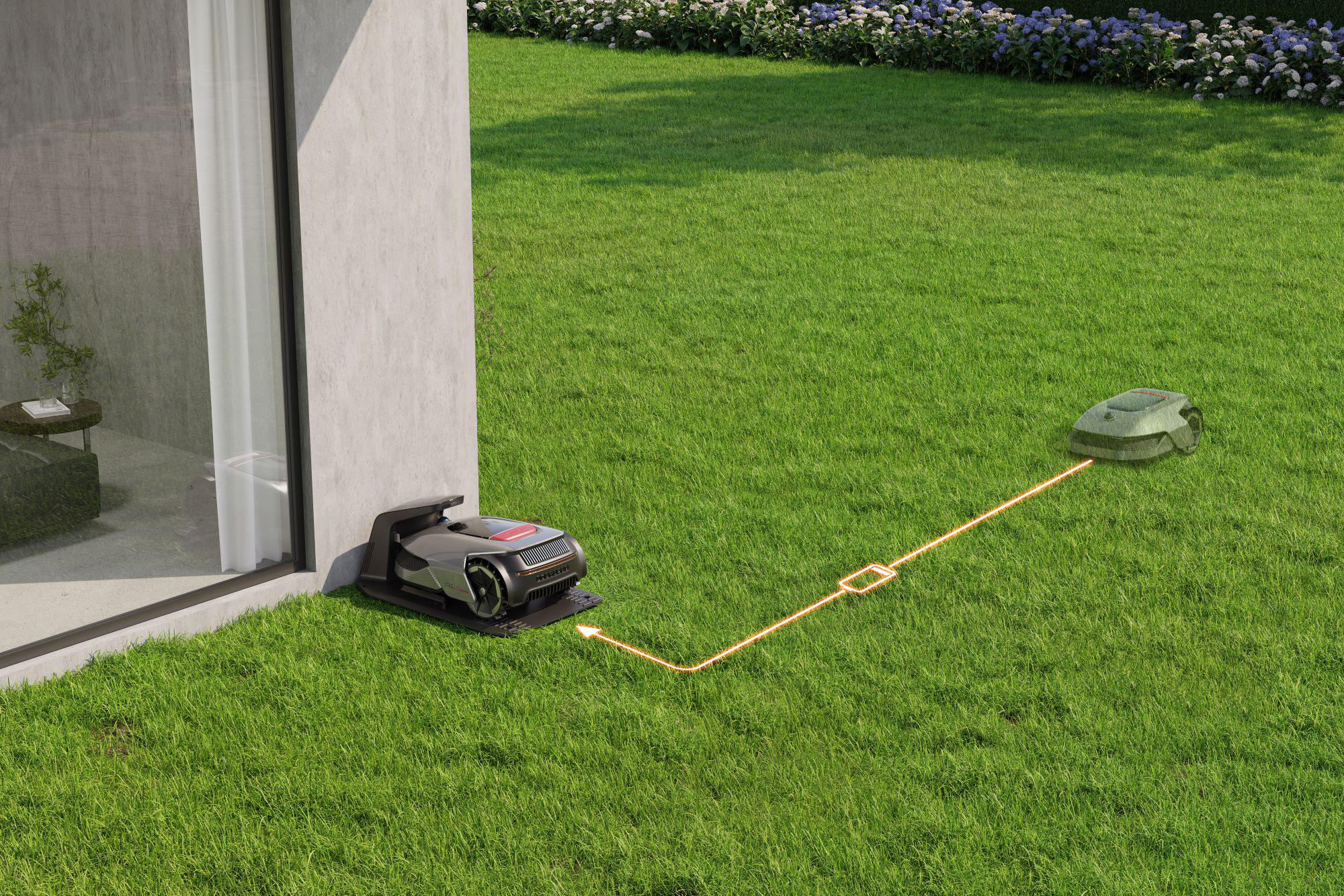 Roboter-Rasenmäher lädt. Mäher in der Nähe einer Wand, Ladestation in der Nähe, auf Gras.
