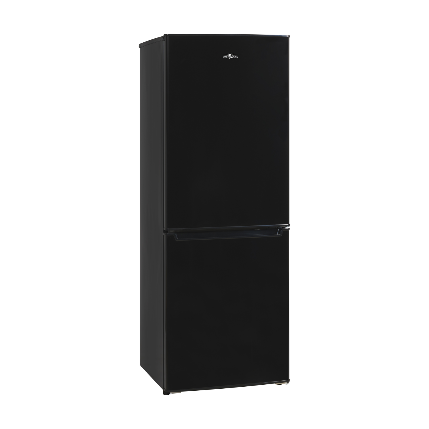 A tall, black refrigerator with two doors. The upper door is larger than the lower door.