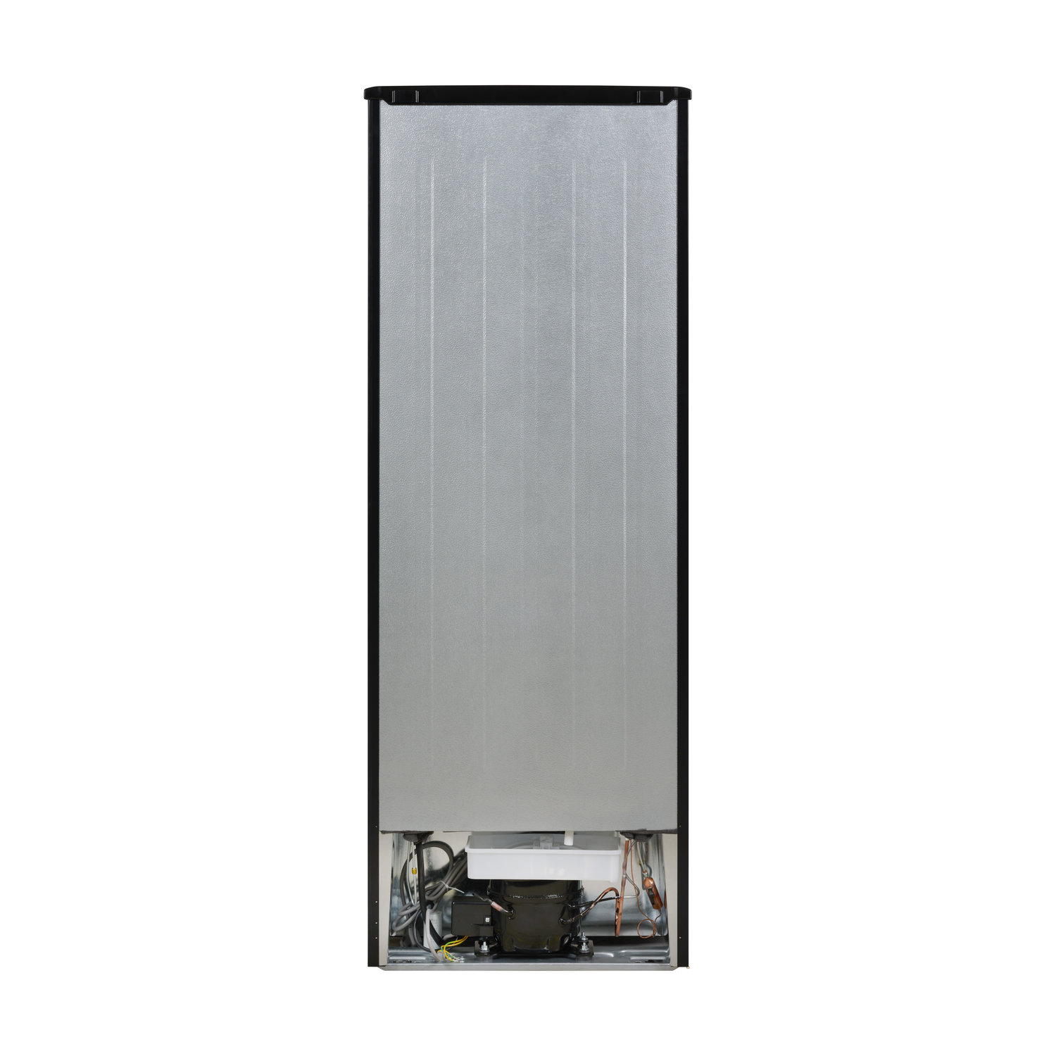 Back of a white refrigerator. Silver metallic finish. Electrical components visible at the bottom.