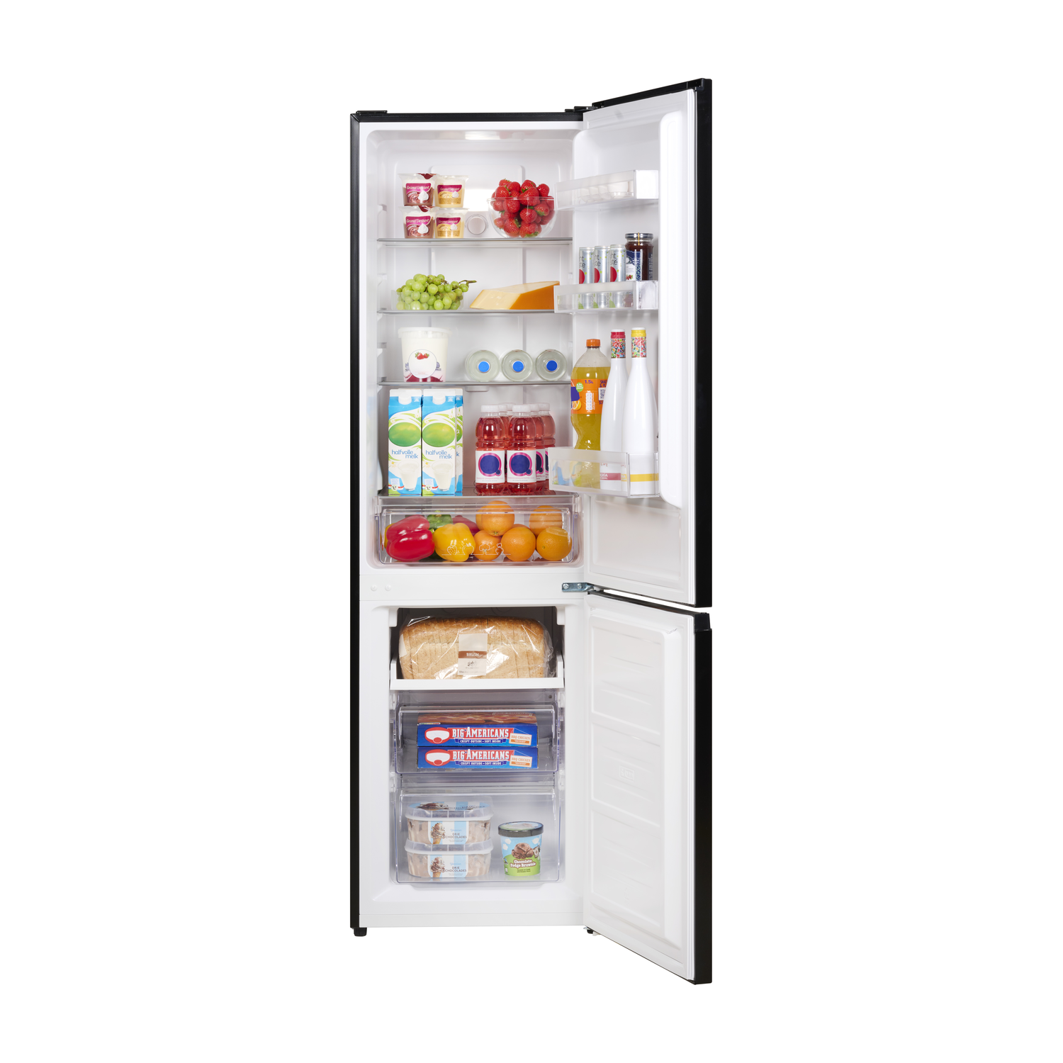 Opened refrigerator filled with food items on shelves. Has fruits, drinks, and various containers.