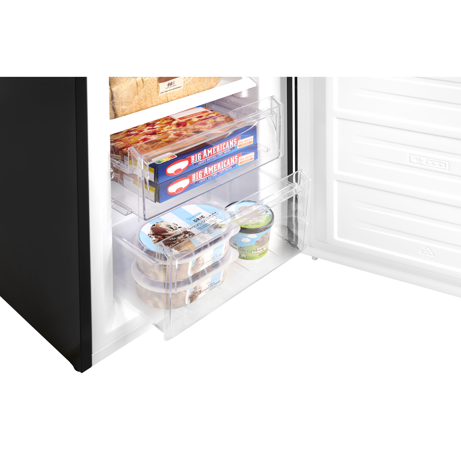 Open freezer with two drawers of frozen food. Includes ice cream tubs and boxes of frozen pizza.