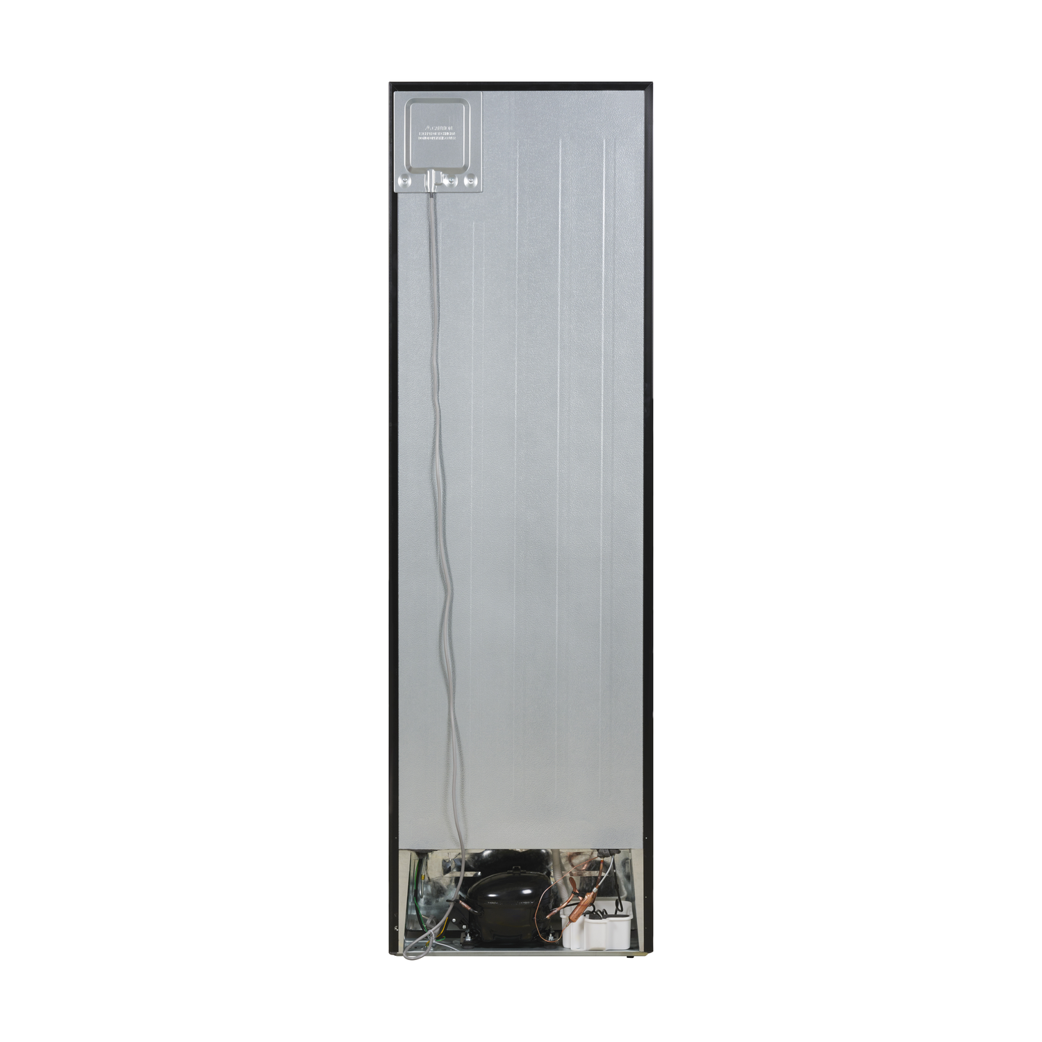 A back view of a refrigerator, white with a black frame. It shows the back panel and compressor.