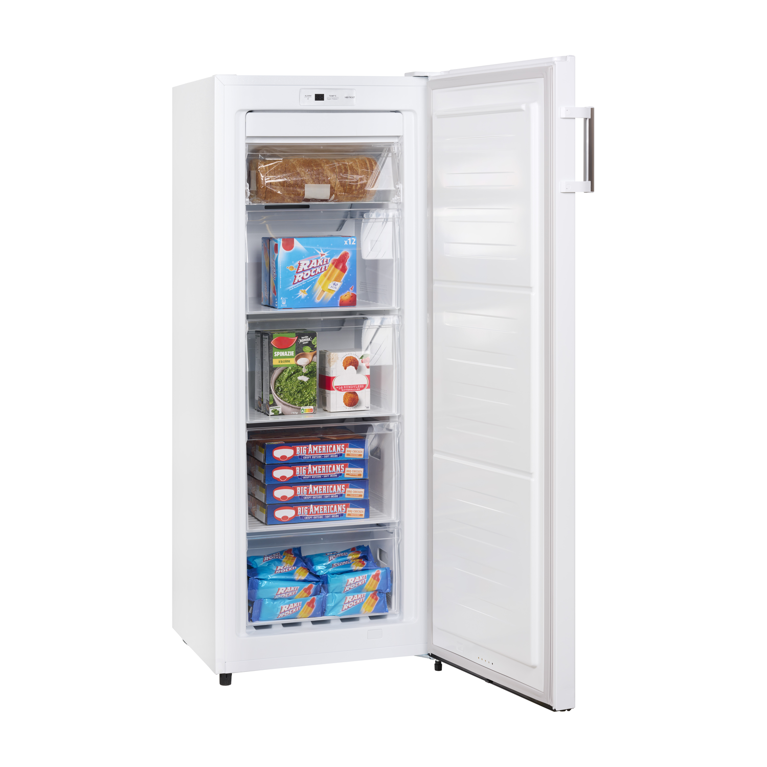 White freezer with the door open, revealing several drawers of frozen food.