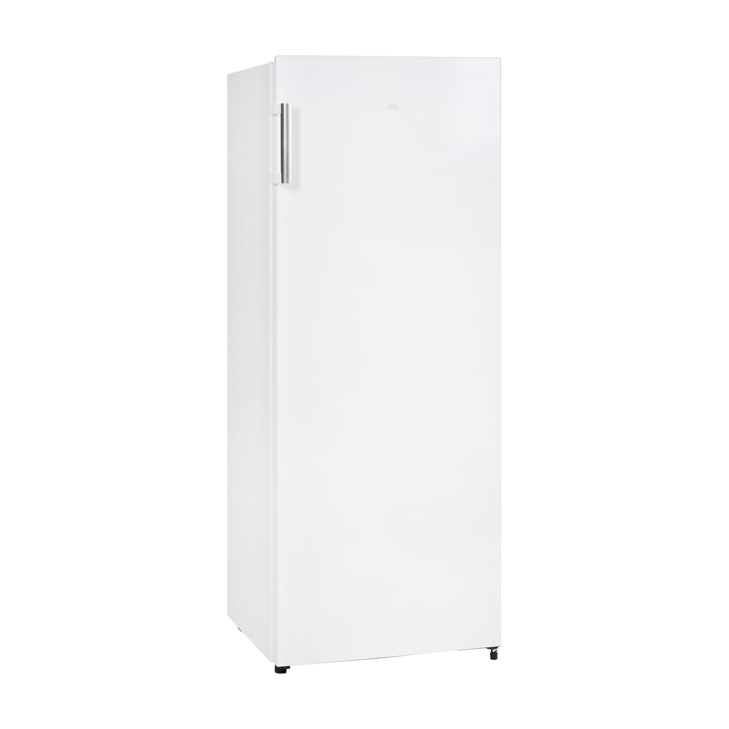 White fridge on a white background. The fridge is tall and has a handle.