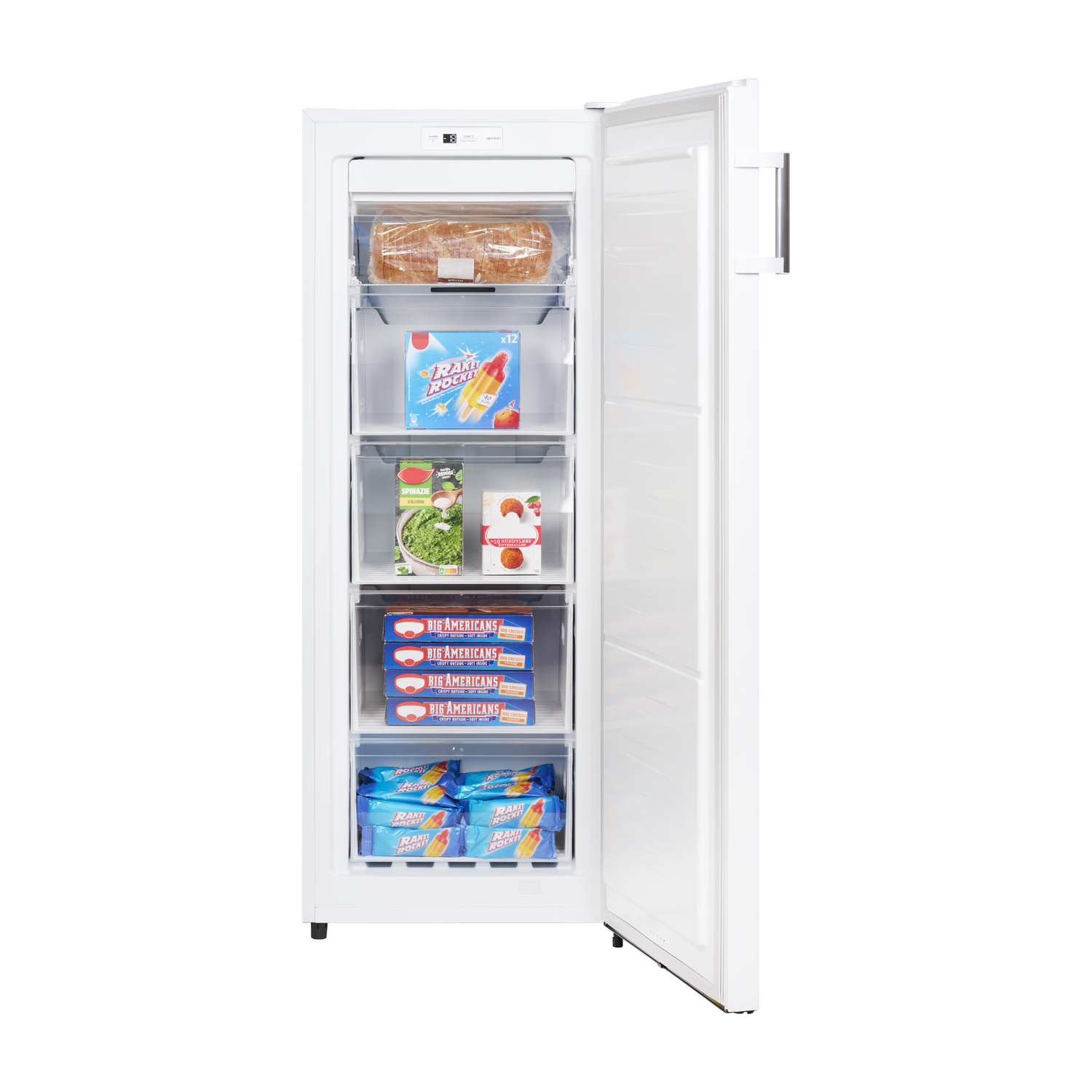A white freezer with open door, showing drawers full of frozen food like ice cream.