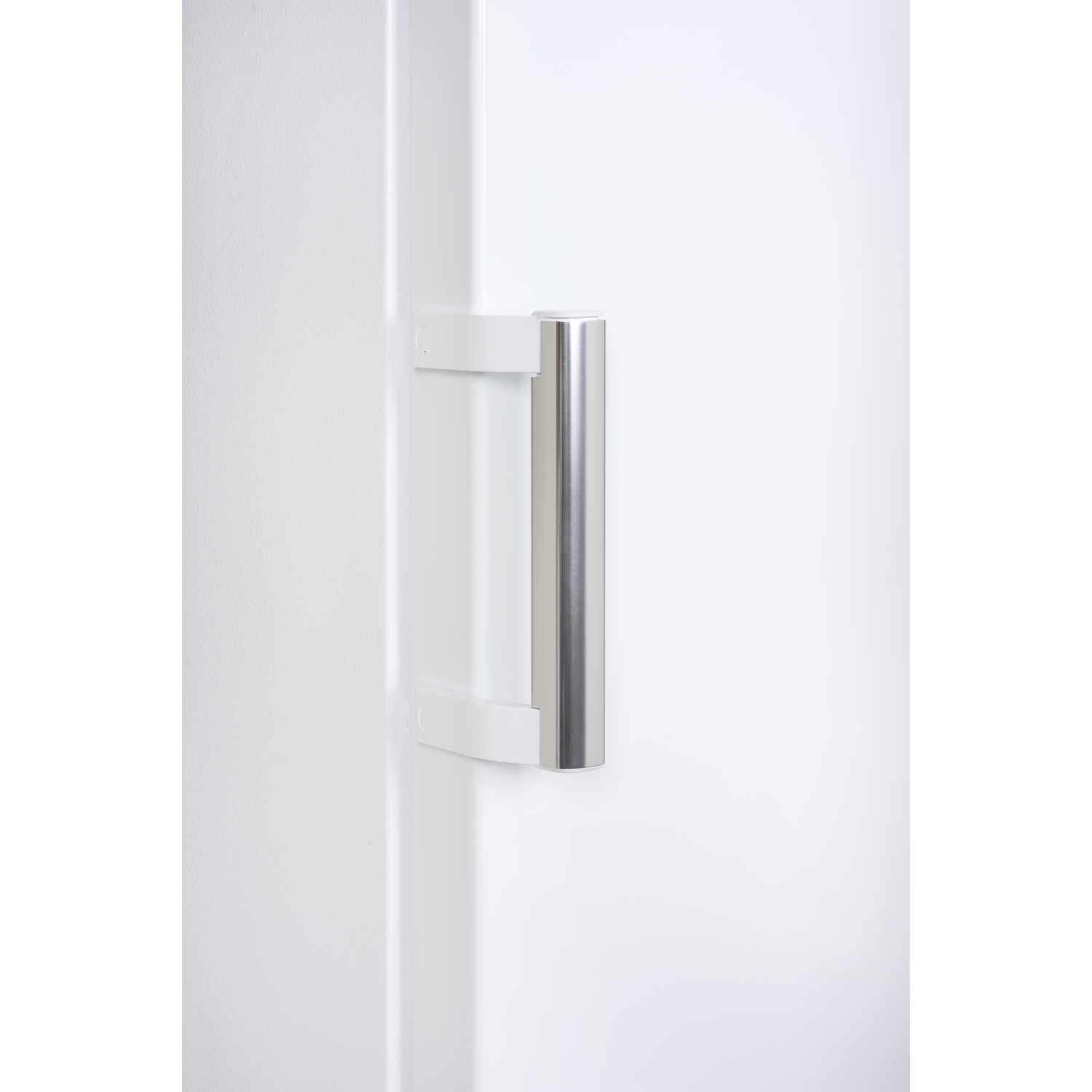 Close-up of a white fridge door with a stainless steel handle.