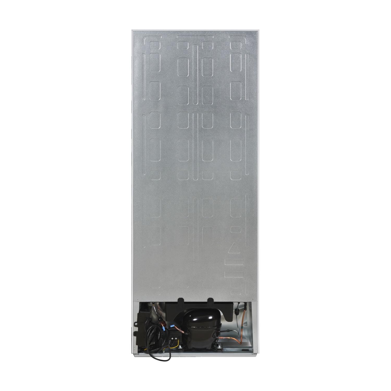 The back of a refrigerator. It has a silver finish and various mechanical components at the bottom.