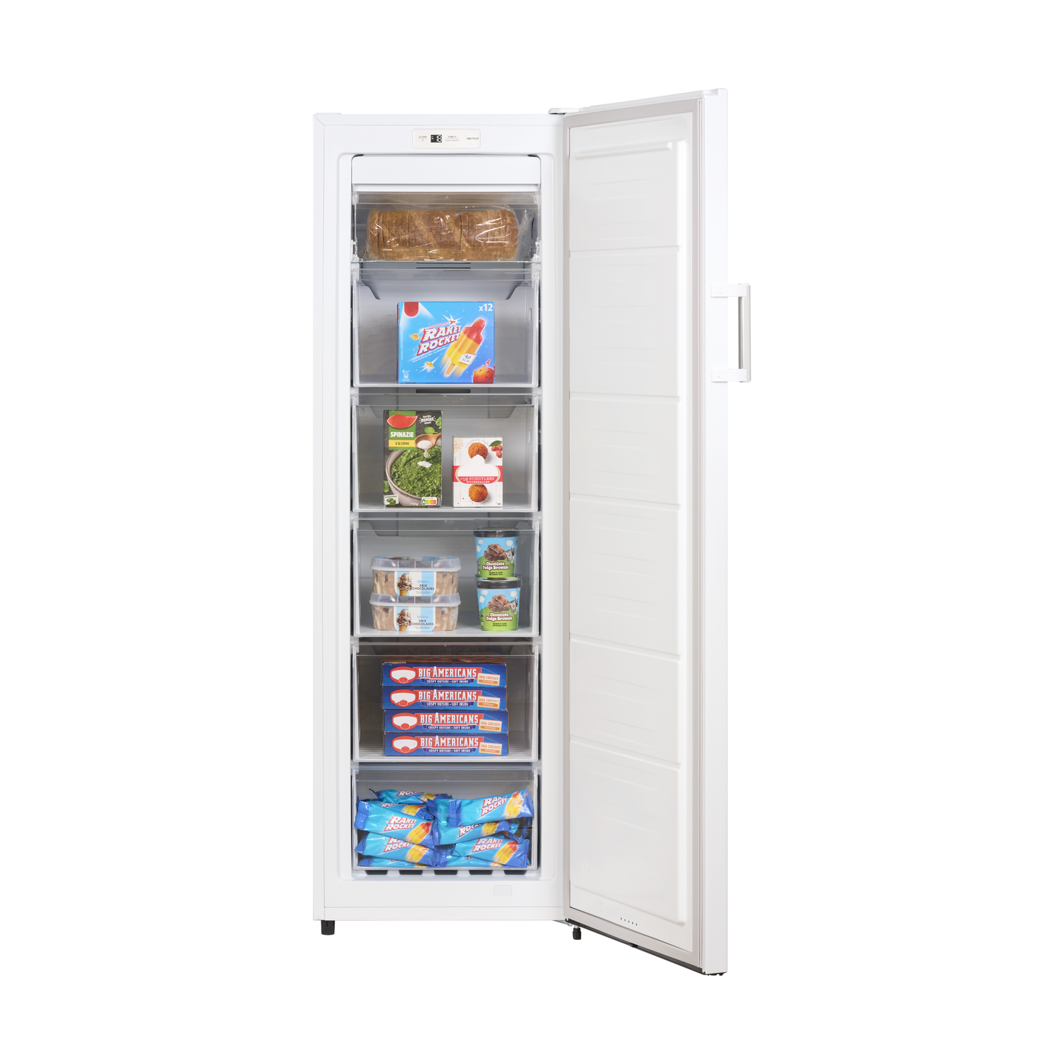 White freezer with open door, filled with frozen food.