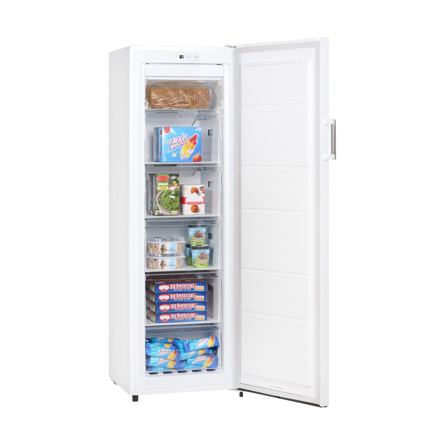 A white, opened freezer with frozen food visible inside.
