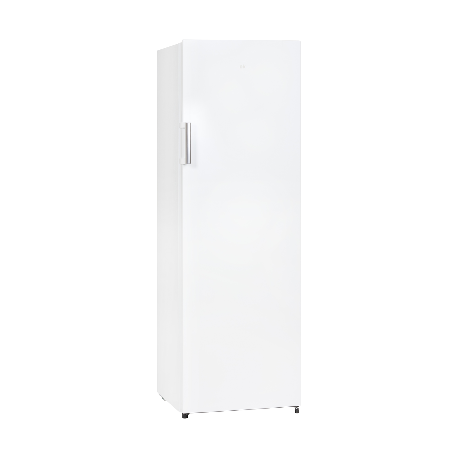 A tall, white freezer standing alone against a white background.