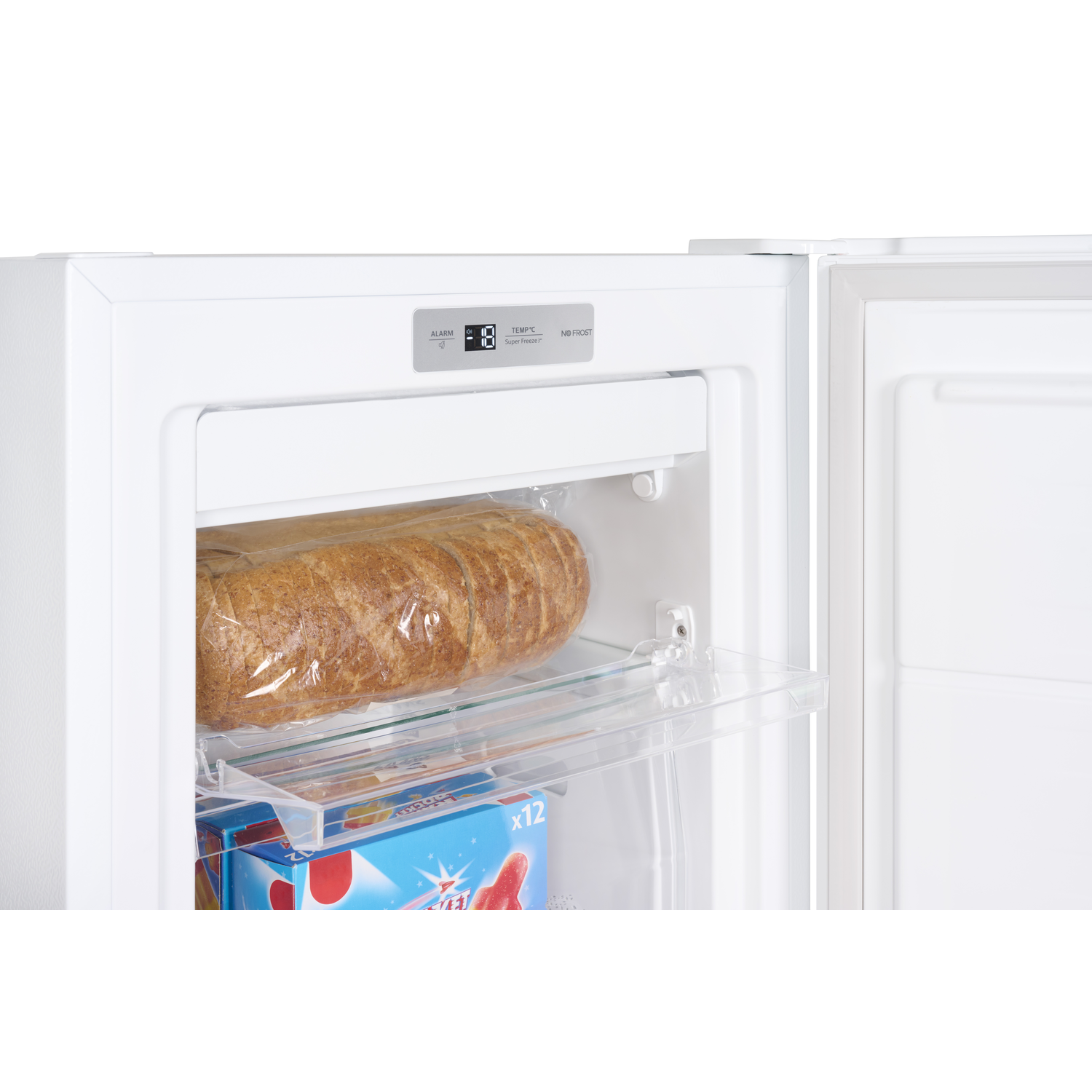 A freezer compartment with a loaf of bread and boxes of ice cream.