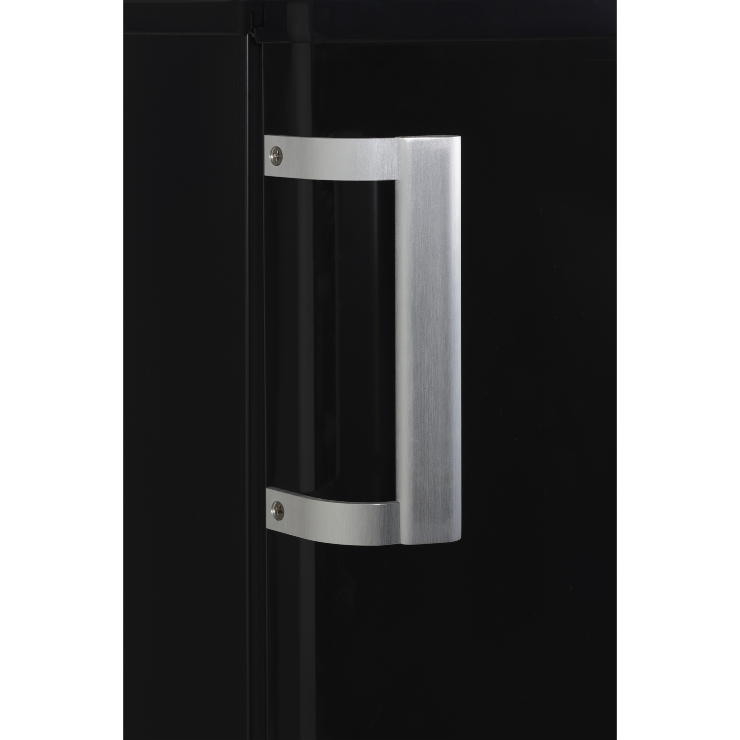Close-up of a black cabinet door with a silver handle.