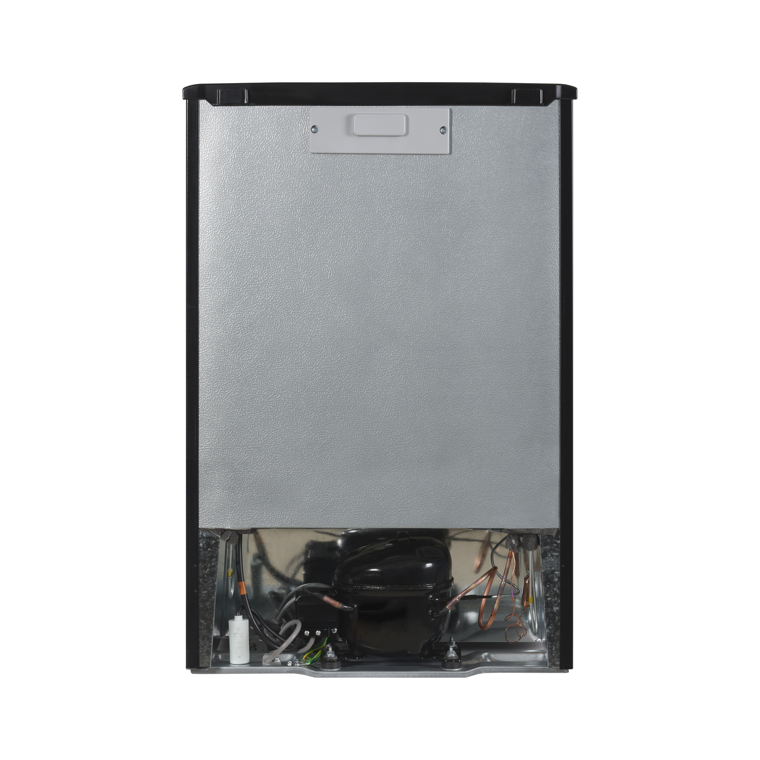 The back of a refrigerator with a black frame and a metal back panel, and components visible.