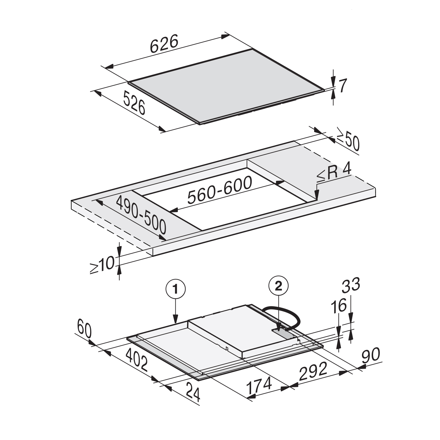 Vista isometrica di un piano cottura a induzione con dimensioni. Presenta una zona cottura quadrata.
