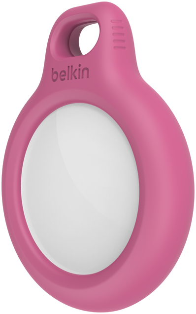 Rózsaszín kör alakú eszköz fehér középpel és lyukkal a tetején. A 'belkin' márkanév látható.