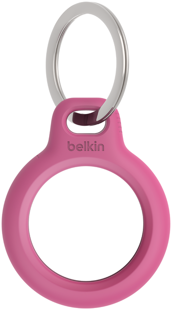 Rózsaszín Belkin AirTag tartó ezüst kulcstartóval.