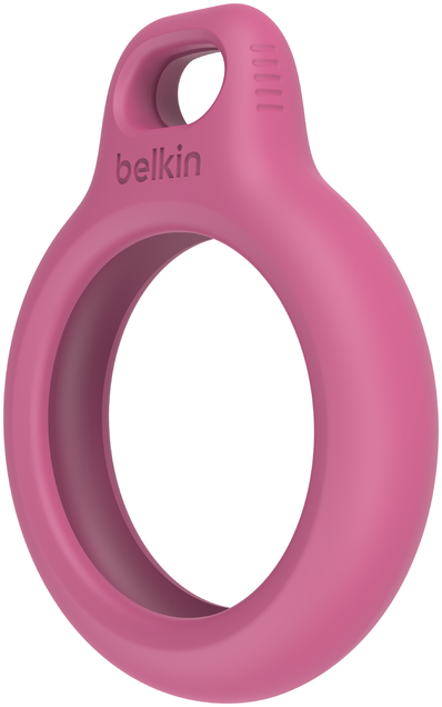 Rózsaszín Belkin AirTag tartó. Kerek kialakítású, felül hurokkal és Belkin logóval. A háttér fehér.