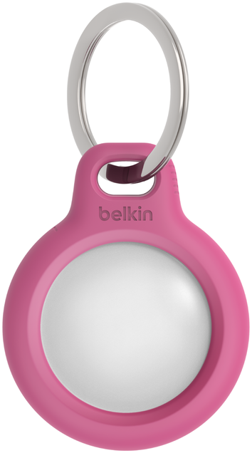 Rózsaszín kör alakú kulcstartó fehér középponttal és ezüst gyűrűvel, 'belkin' márkajelzéssel.