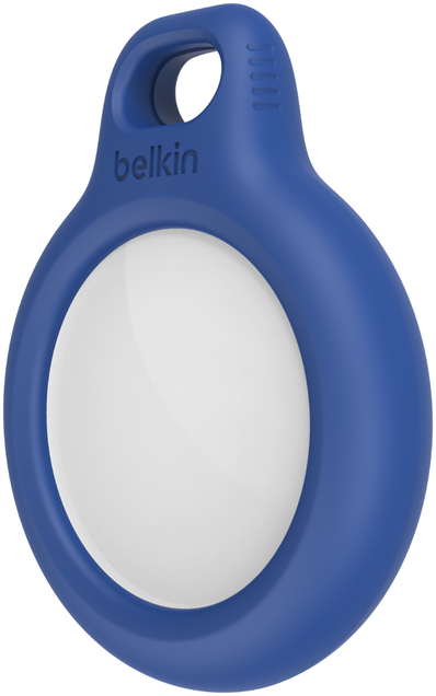 Egy kék Belkin eszköz fehér körrel a közepén. Felül egy lyuk található a rögzítéshez.