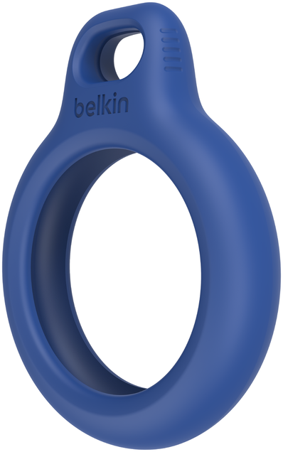 Egy kék Belkin AirTag tartó kerekített formában, lyukkal a rögzítéshez.
