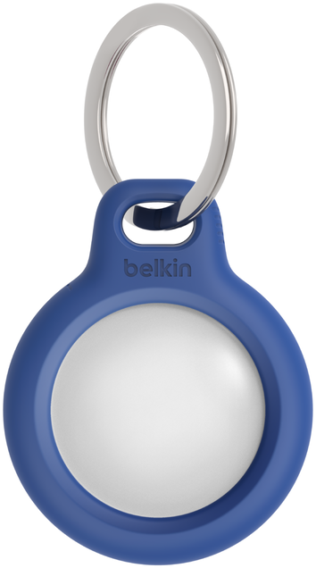 Kék Belkin AirTag kulcstartó. Ezüst gyűrű. Fehér középpont.