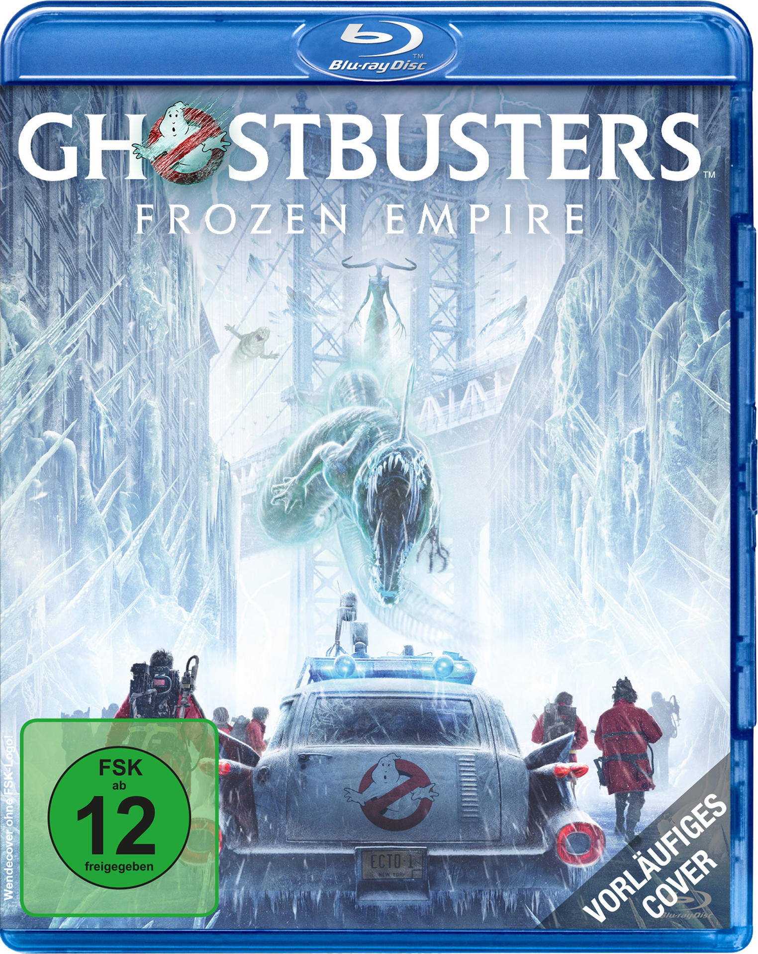 Blu-ray-Cover von Ghostbusters: Frozen Empire mit schneebedeckter Stadt und Geist.