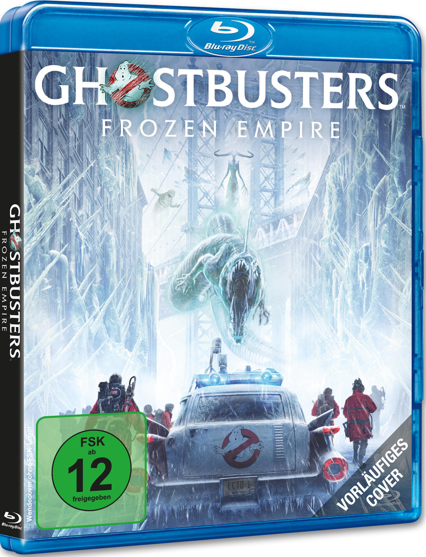 Blu-ray-Disc von Ghostbusters: Frozen Empire. Das Cover zeigt ein Monster und den Ecto-1.