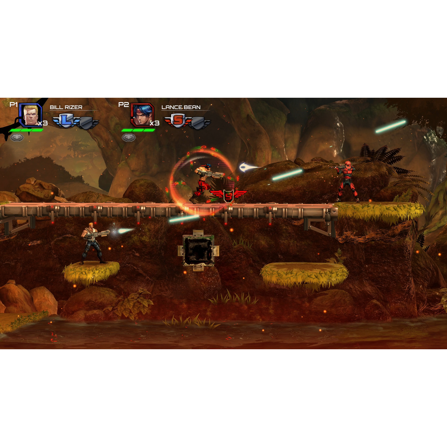 Videogame scène met twee spelers. Personages die lasers afvuren op een platform. Bos achtergrond.