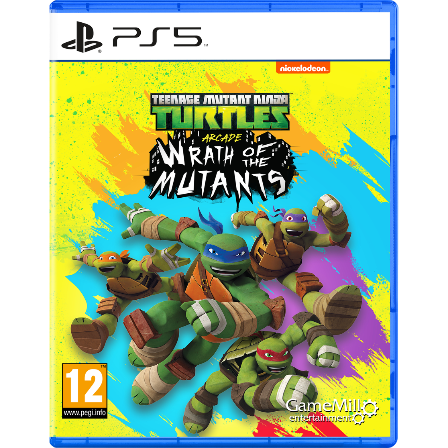 Videogame cover van Teenage Mutant Ninja Turtles. De schildpadden zijn in actie, met een heldere gele achtergrond.