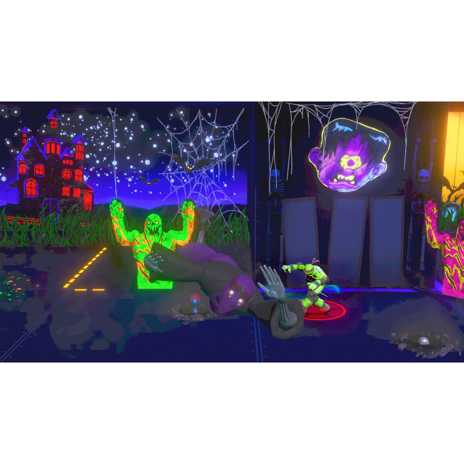 Teenage Mutant Ninja Turtles vechten in een neonverlichte scène.