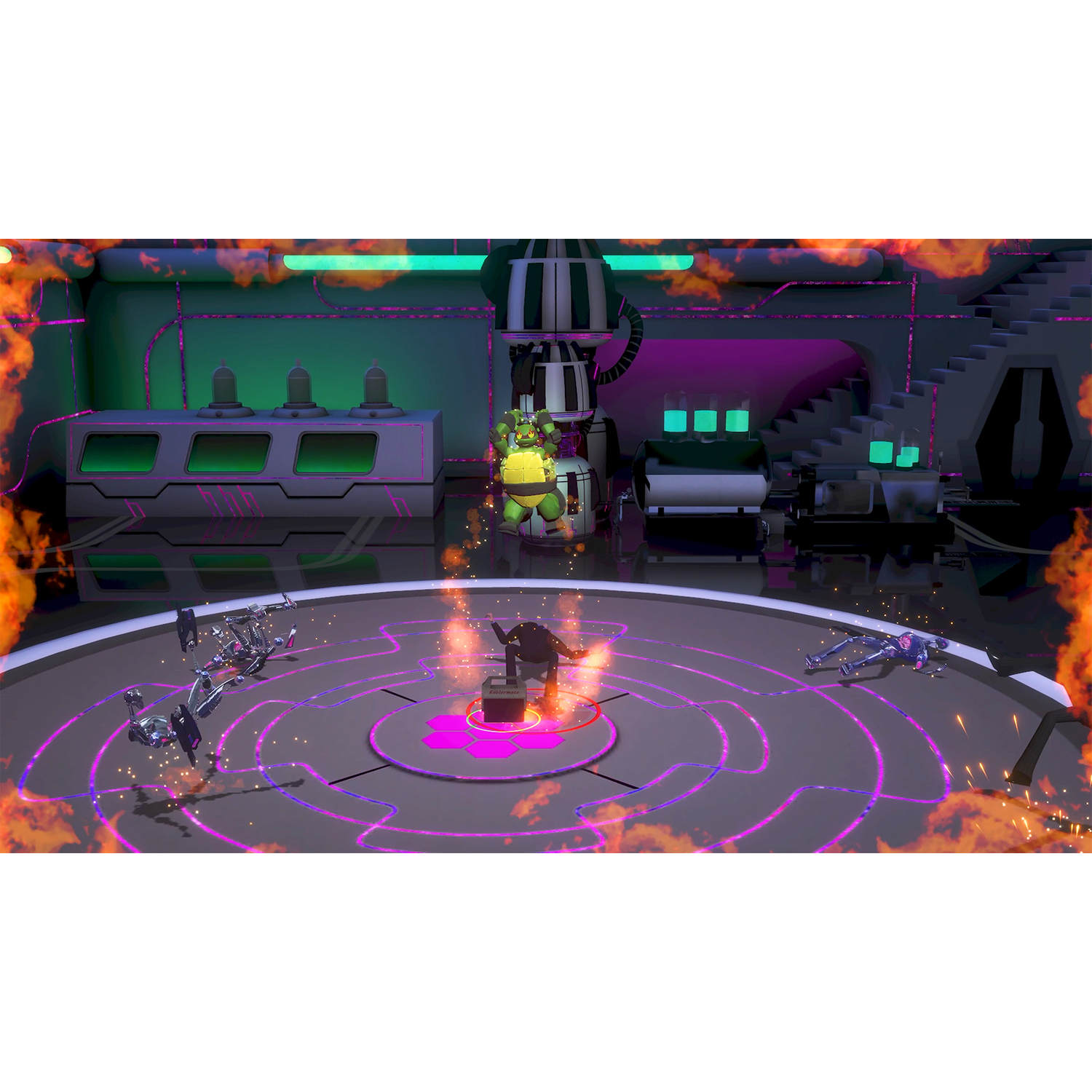 Een game scene met een schildpadachtig personage in een paarse kamer die robots bestrijdt met vlammen.