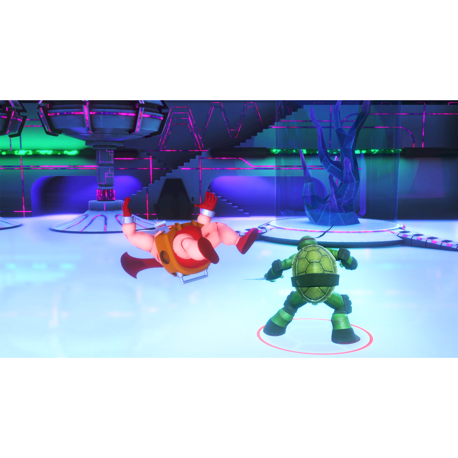 Teenage Mutant Ninja Turtle vecht tegen een schurk in een futuristische setting. Kleurrijke, cartoonachtige stijl.