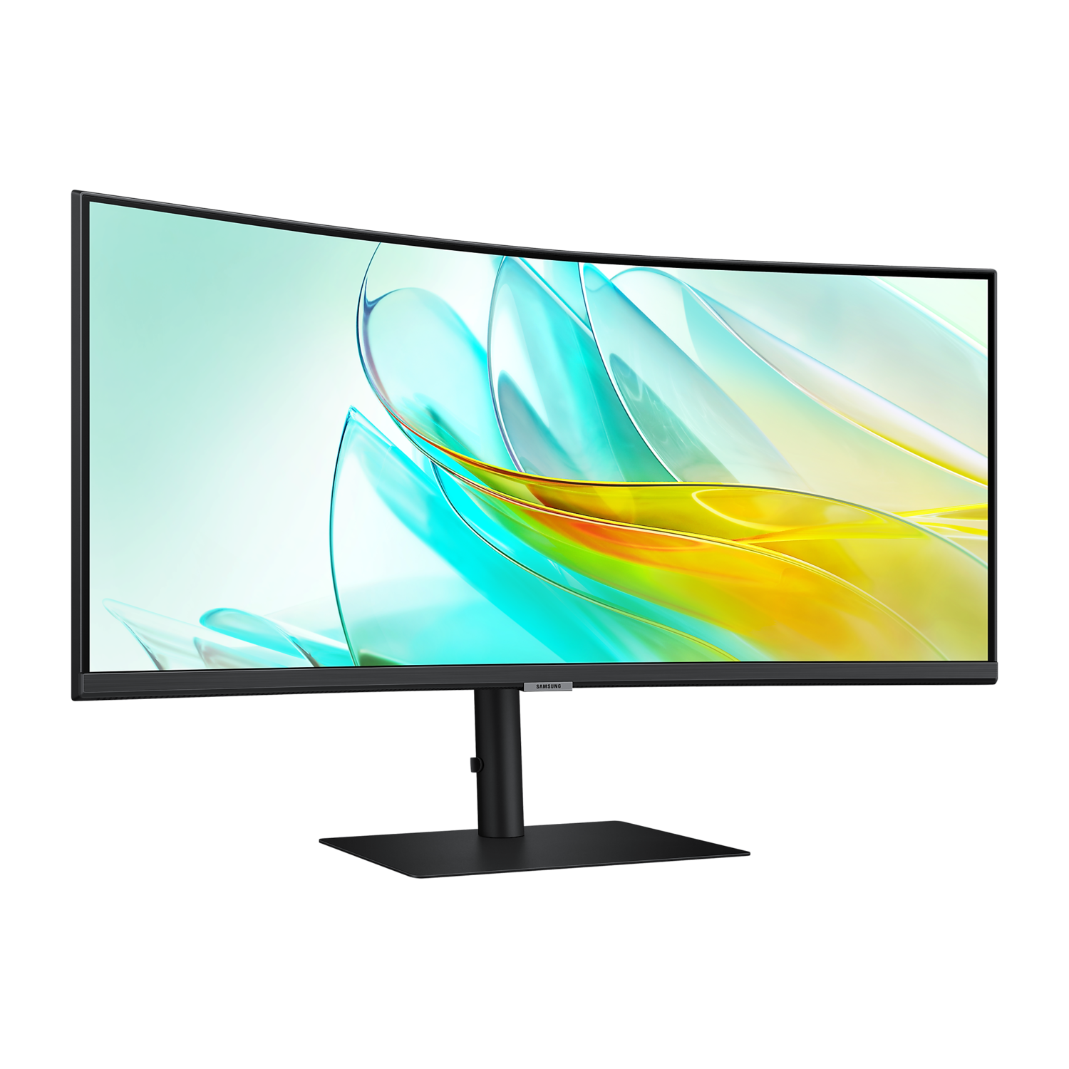 Curved monitor with thin black frame and black stand. Shows a colorful abstract background.