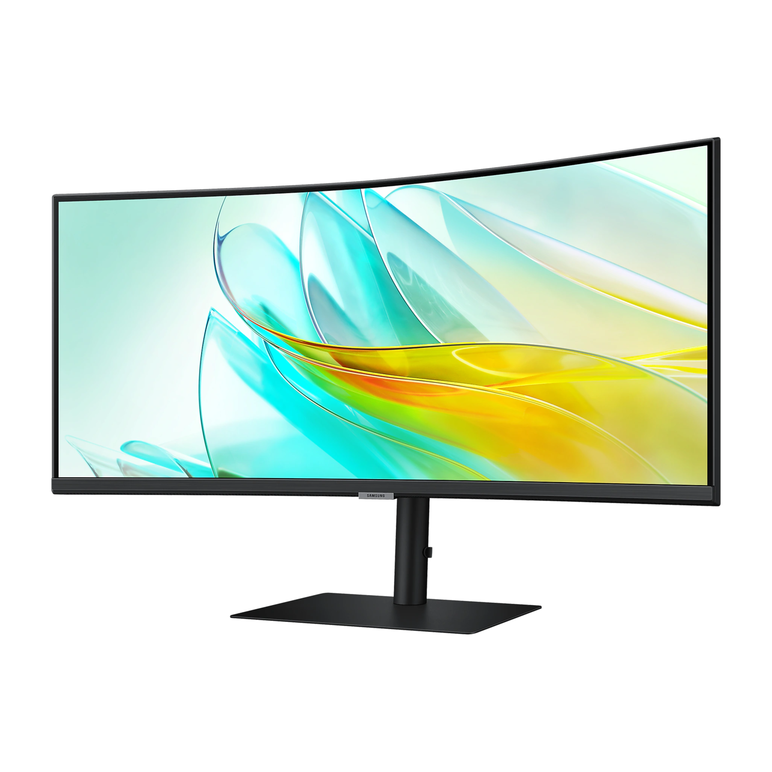 Close-up of monitor base and bottom of screen, white background.