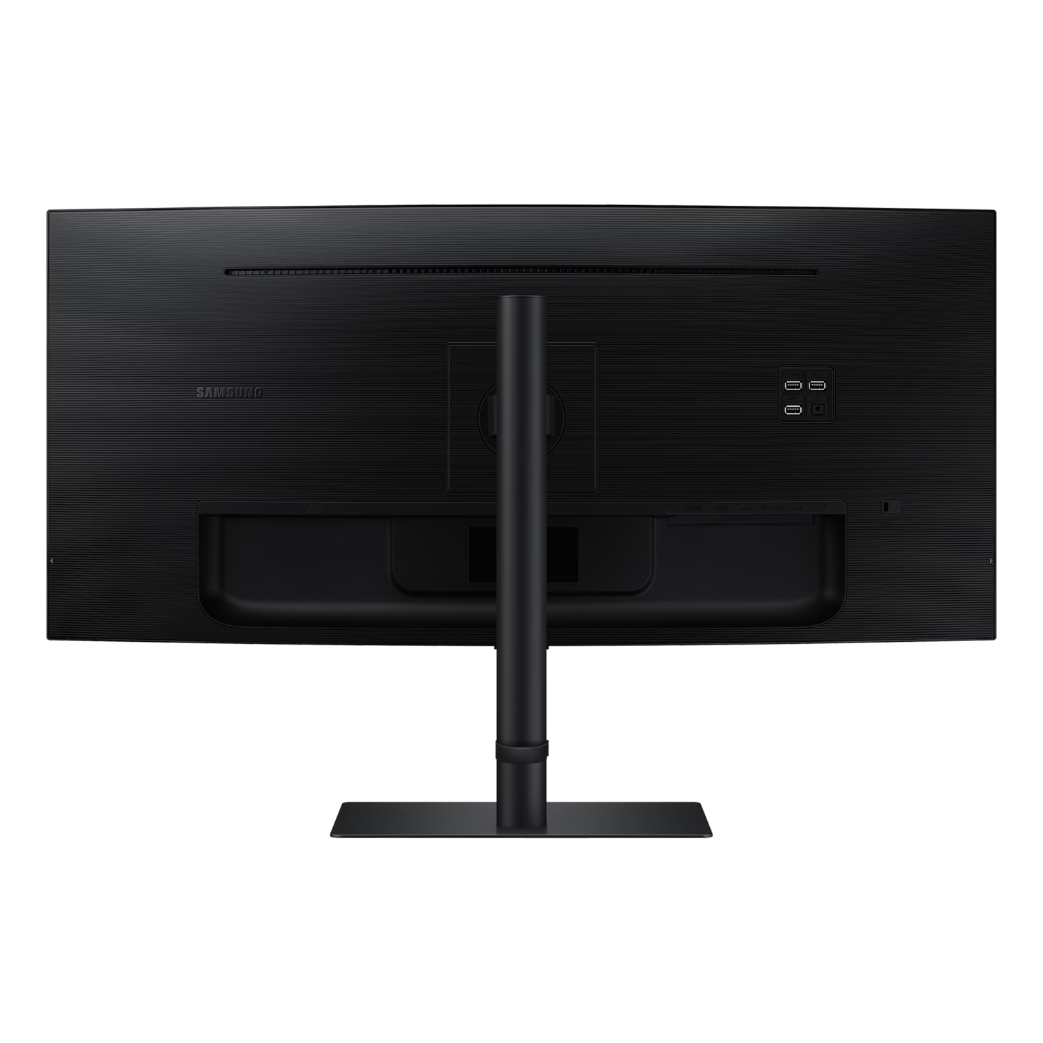 A black computer monitor, back view. Has a stand and various ports.