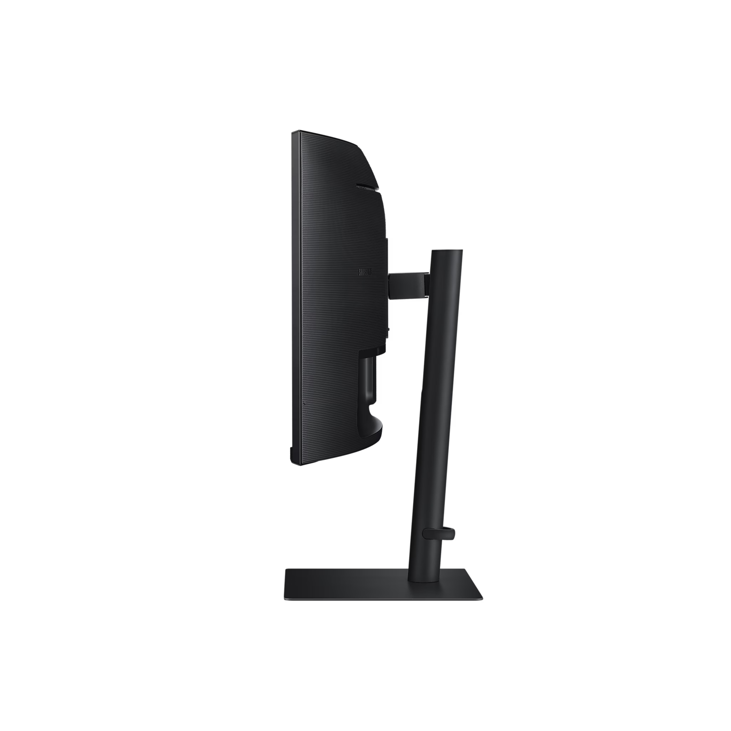 A side view of a black computer monitor on a stand, set against a black background.