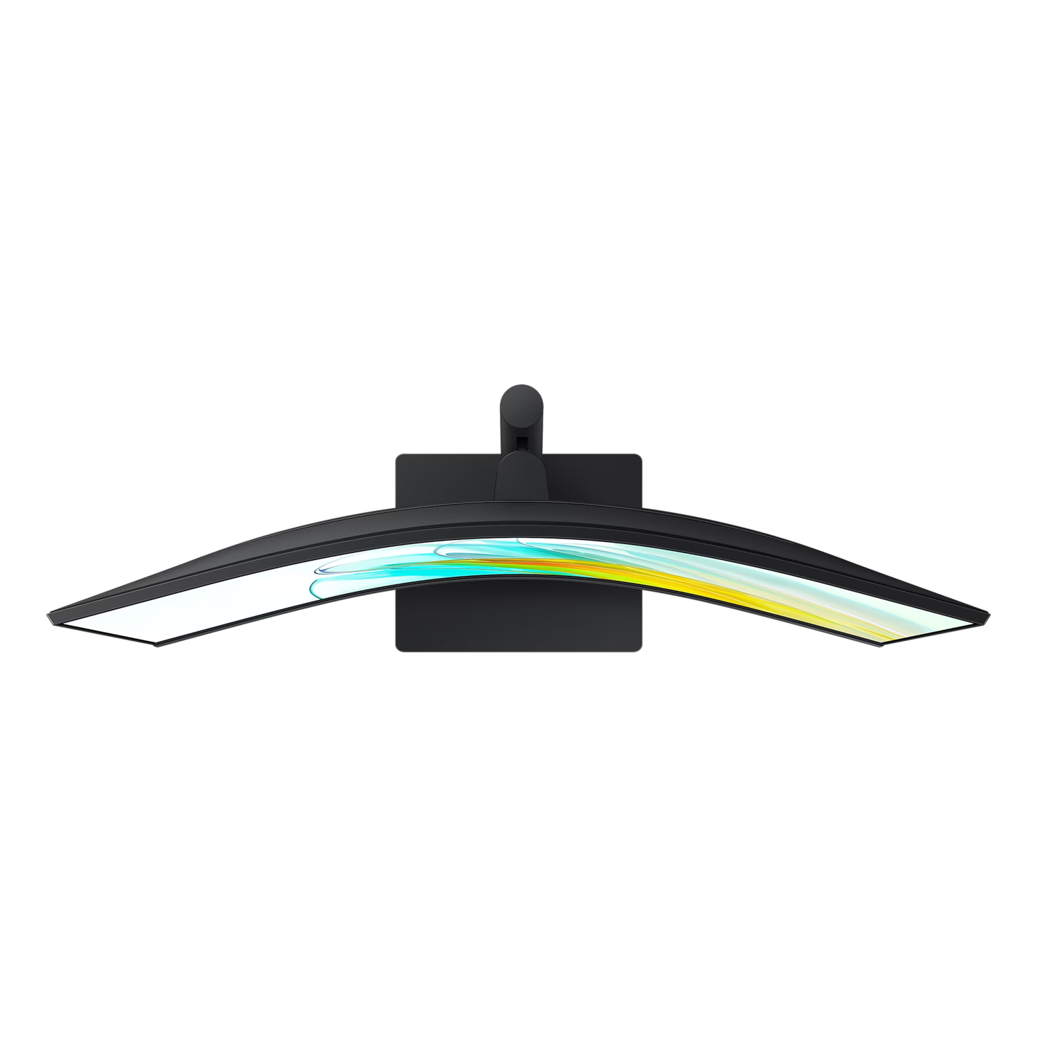 A top-down view of a curved computer monitor with a black frame and a colorful screen display.