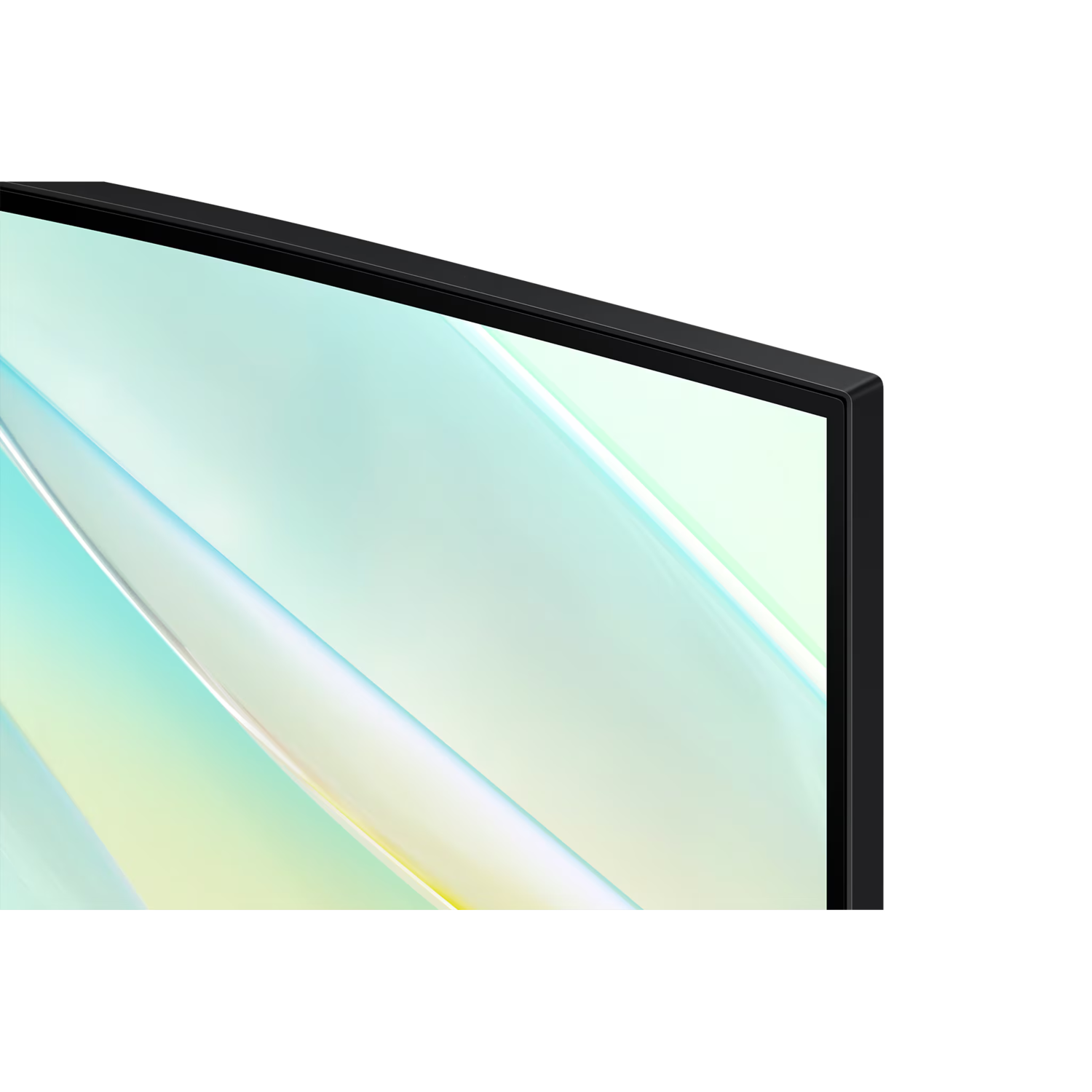 Close-up of a modern monitor's corner. Black frame surrounds a screen with colorful visuals.