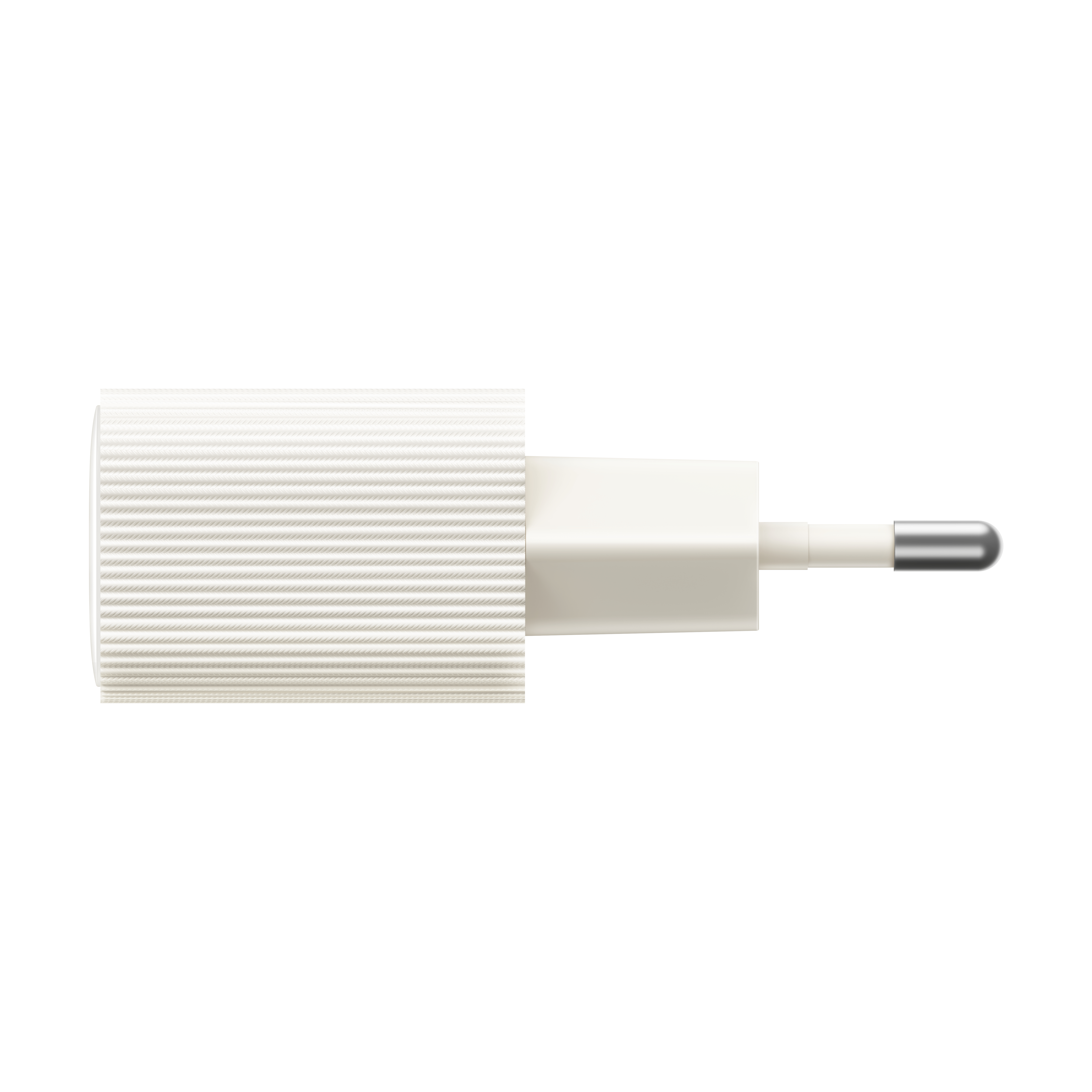 Ein weißes Ladegerät mit Stecker und strukturierter Oberfläche.