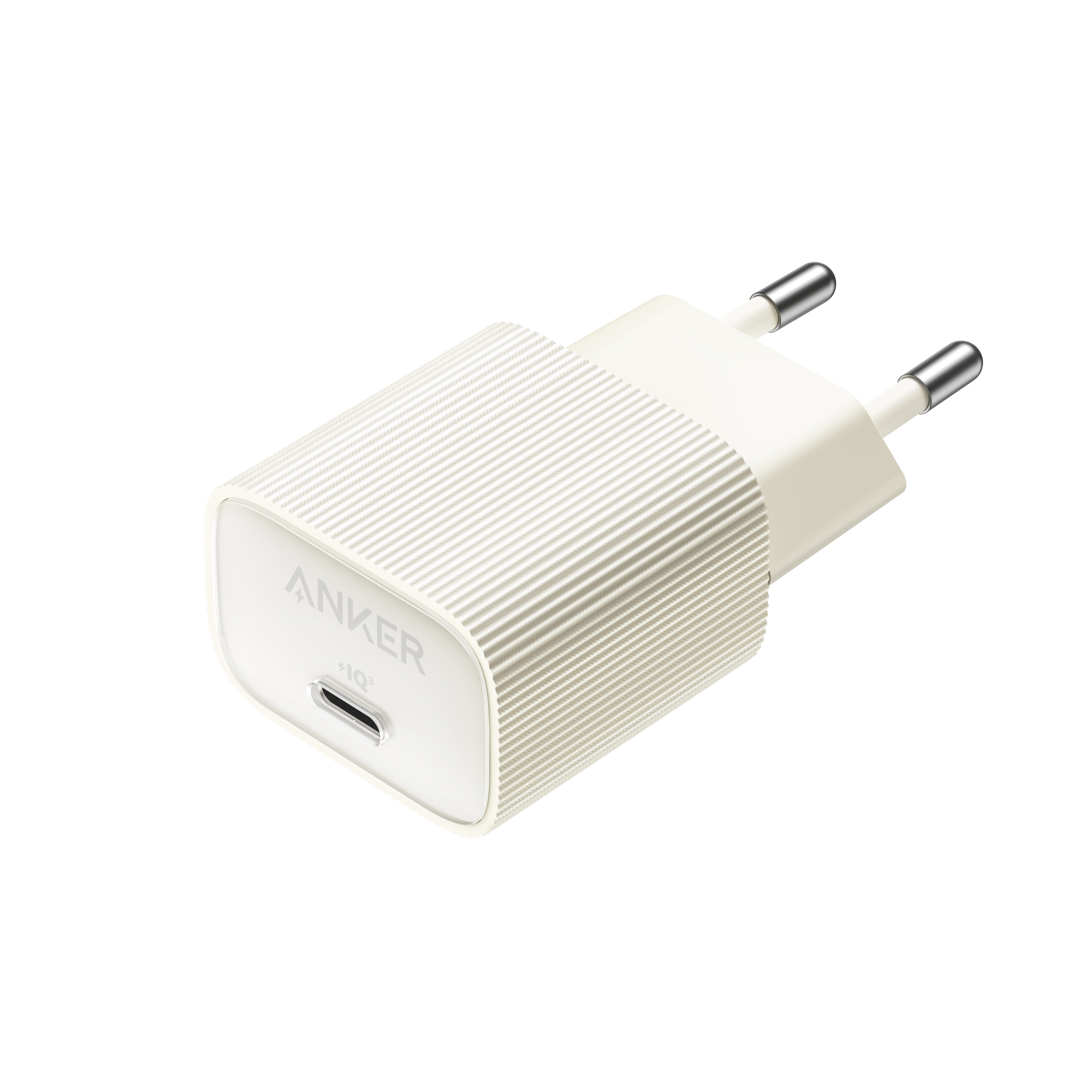 Weißes Anker-Ladegerät mit zwei silbernen Stiften. Ein USB-C-Anschluss ist sichtbar.