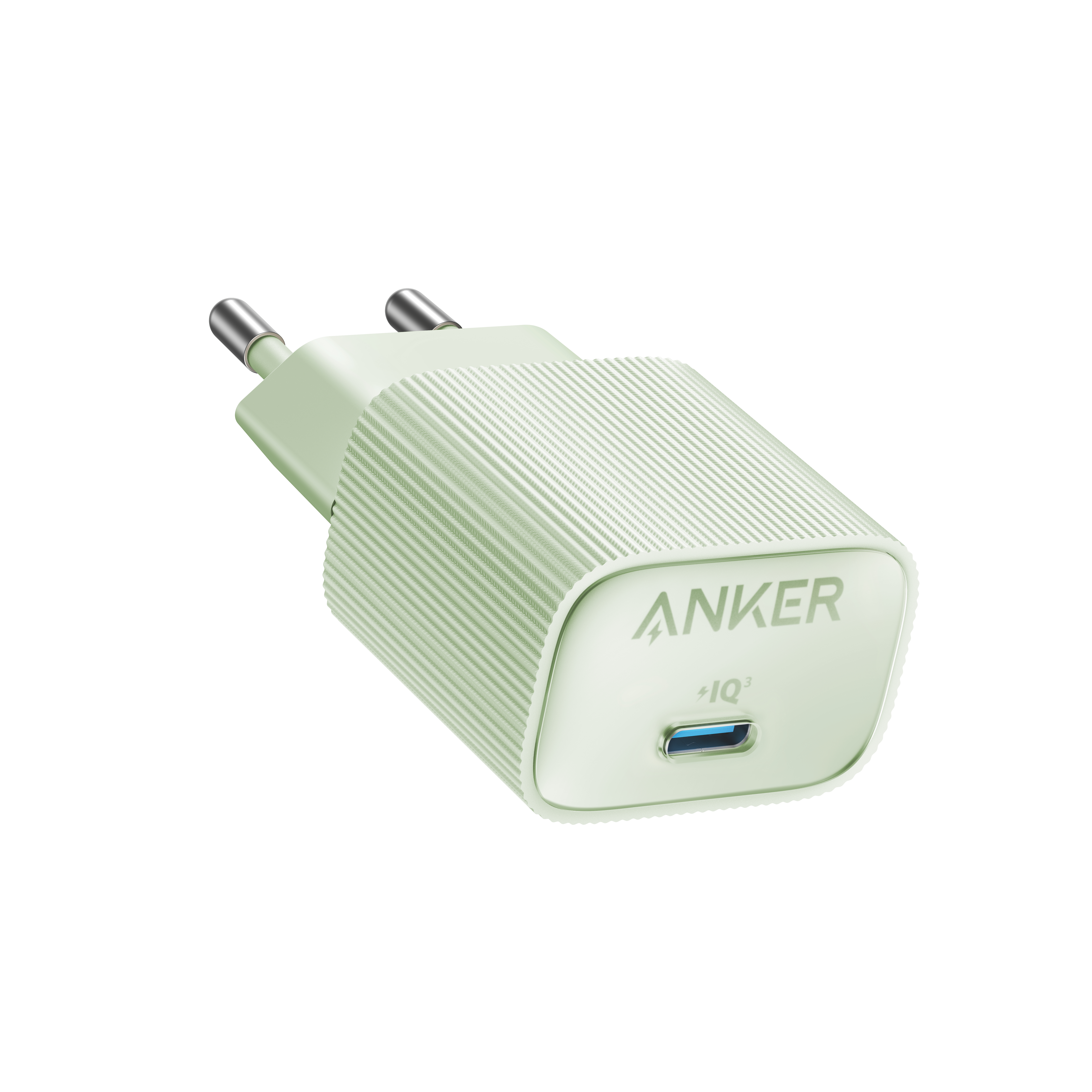 Hellgrünes Anker-Ladegerät mit USB-C-Anschluss. Das Anker-Logo ist sichtbar.