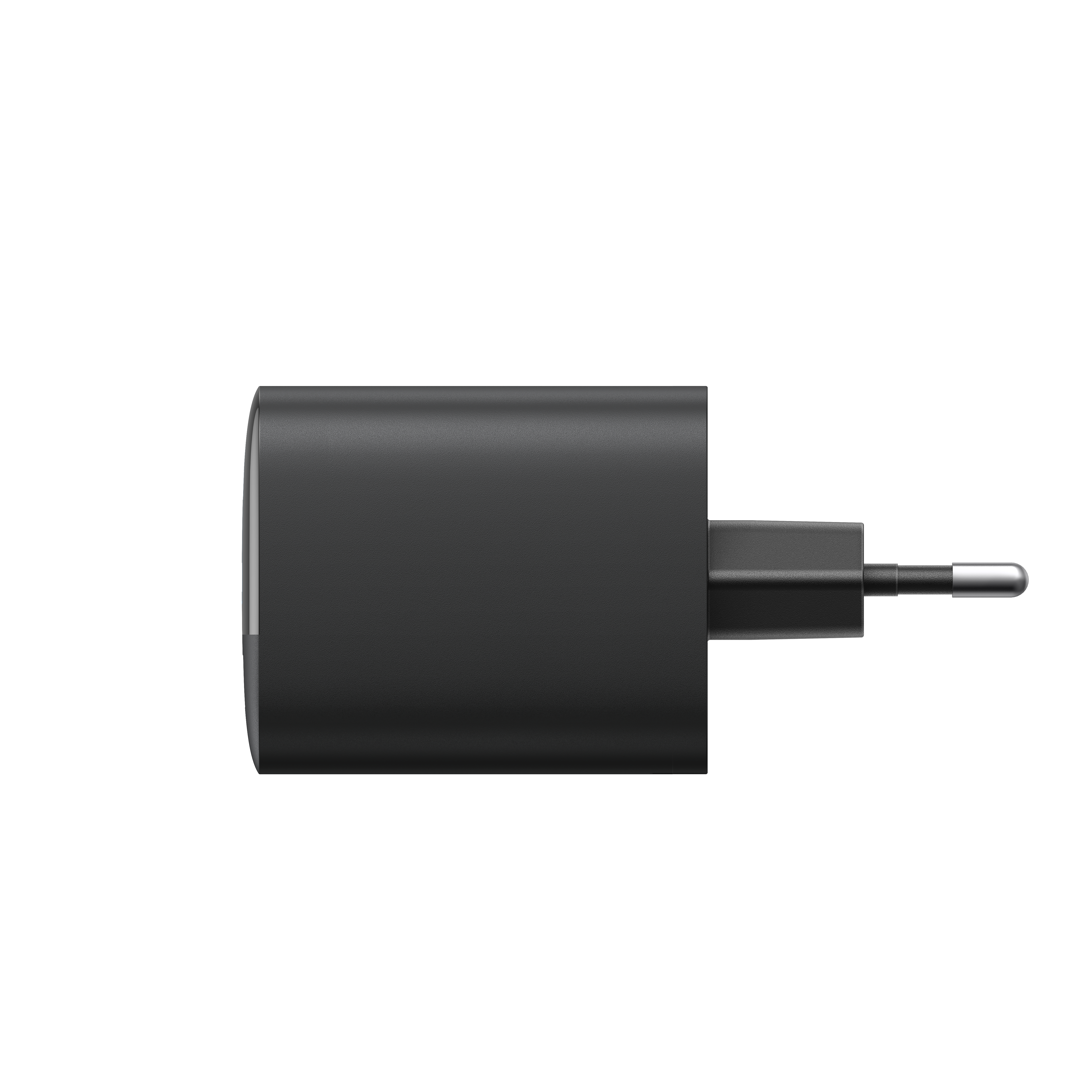 Schwarzer Ladegerätstecker auf weißem Hintergrund. Der Stecker hat eine rechteckige Form.