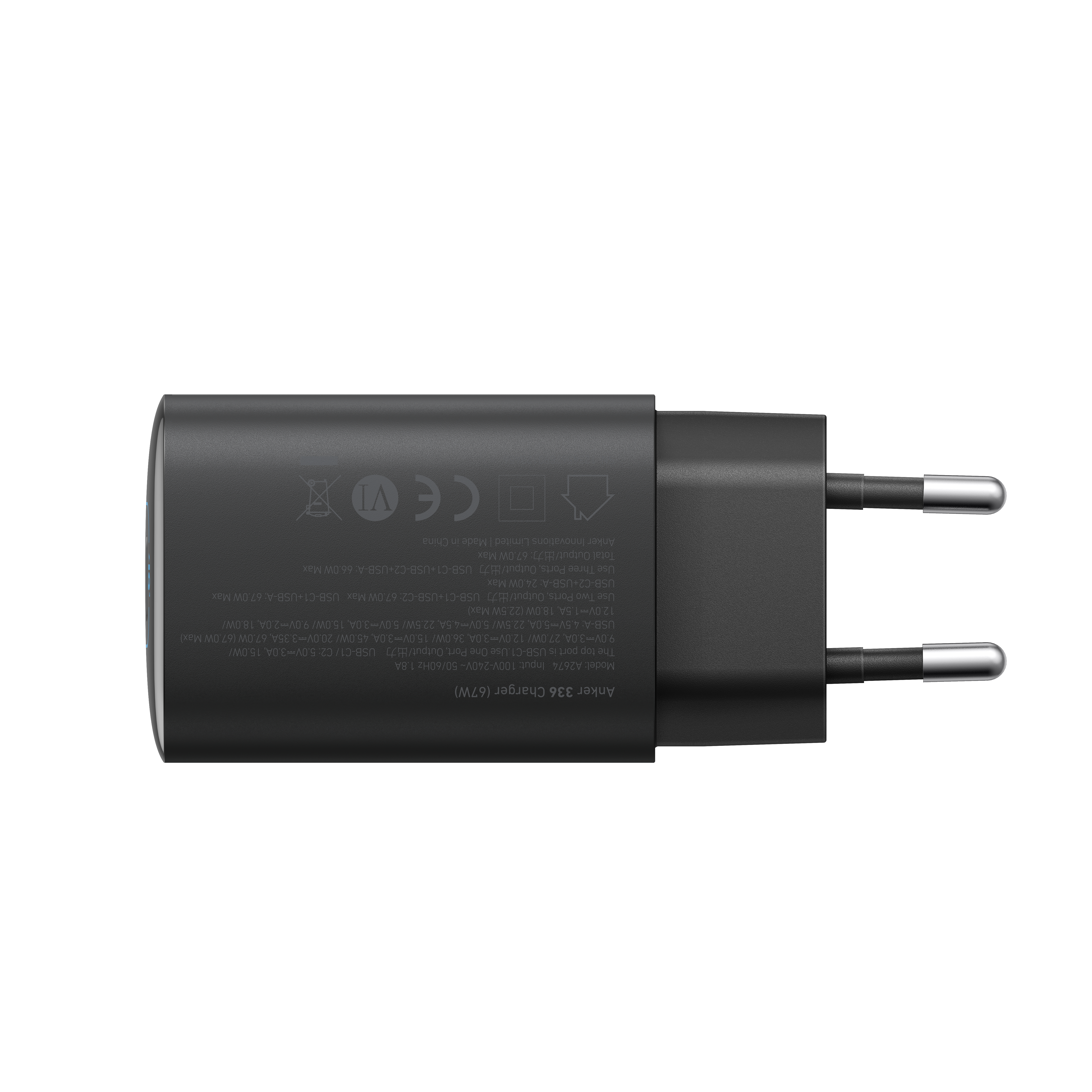Ein schwarzes Anker 67W Ladegerät mit Eurostecker, Draufsicht.